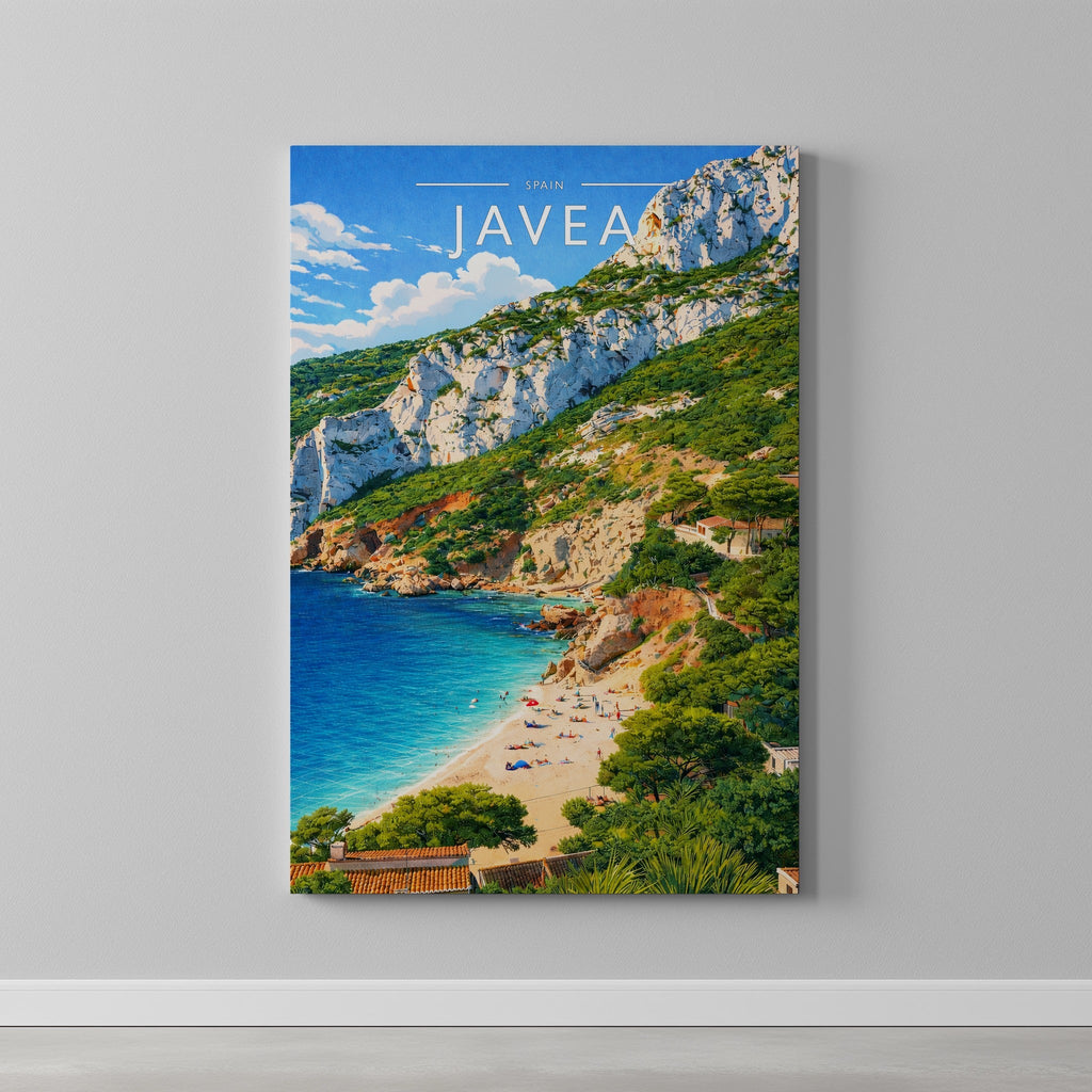 Javea Travel Poster as a gallery-wrapped canvas on a plain wall