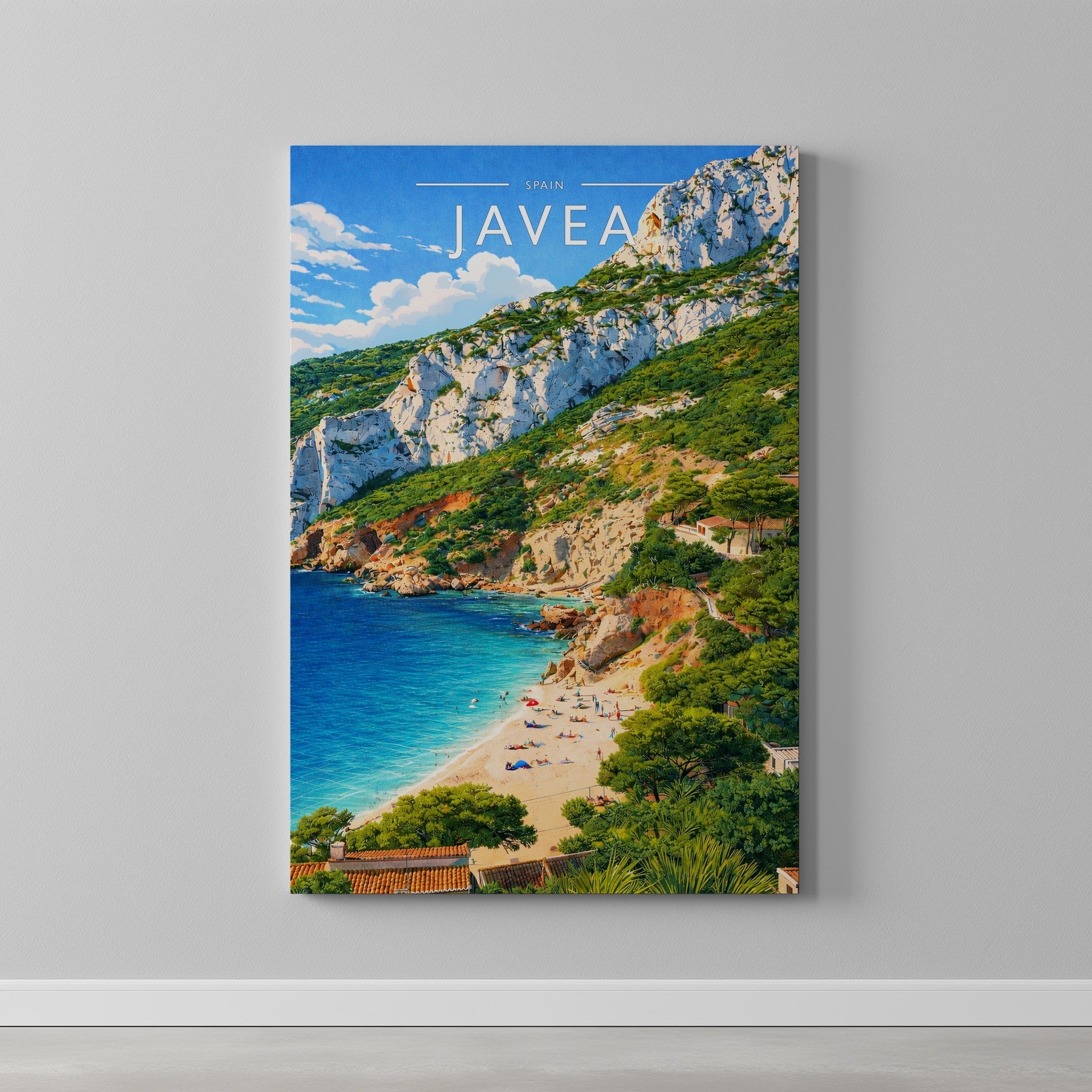 Javea Travel Poster as a gallery-wrapped canvas on a plain wall