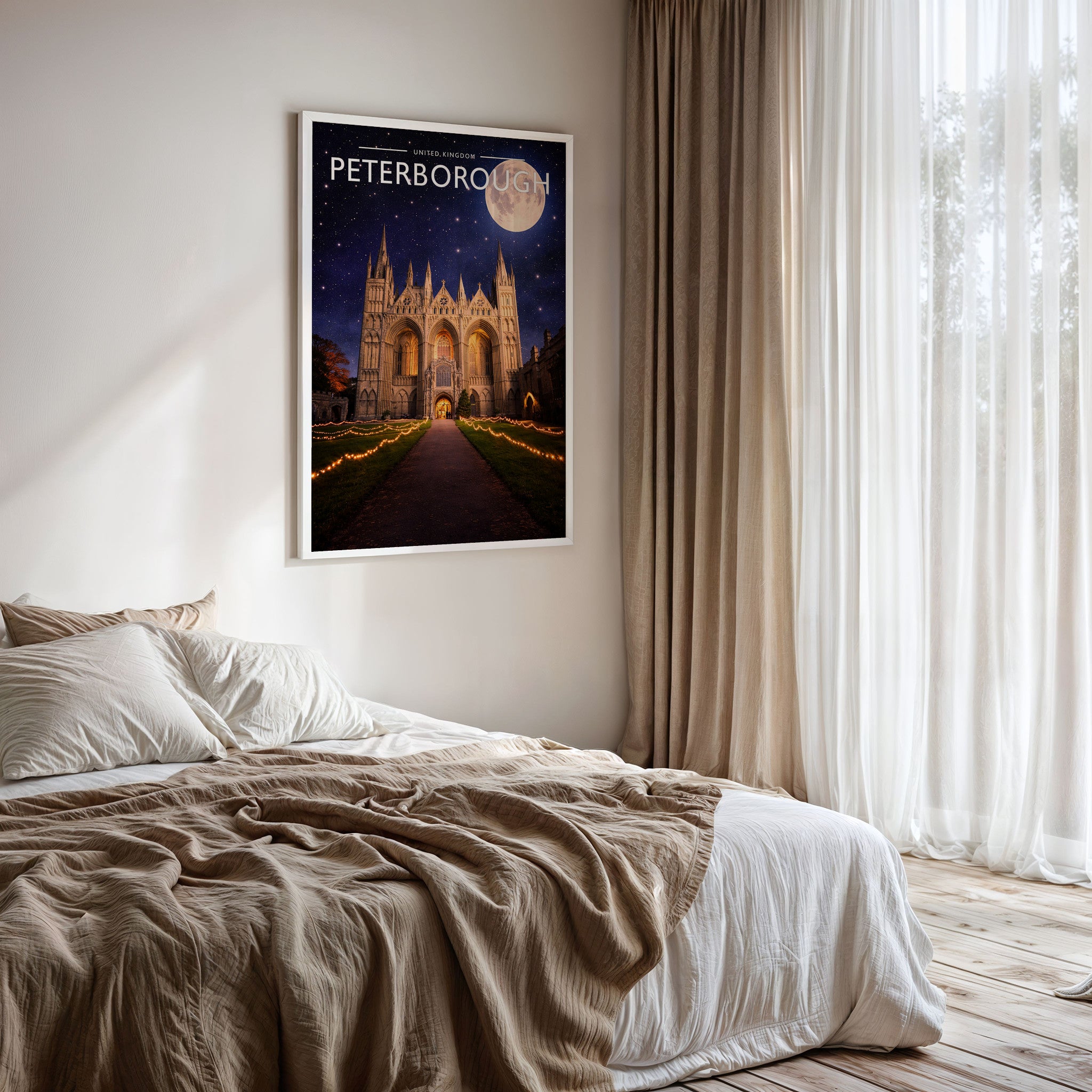 Peterborough #4 Travel Poster framed on a bedroom wall