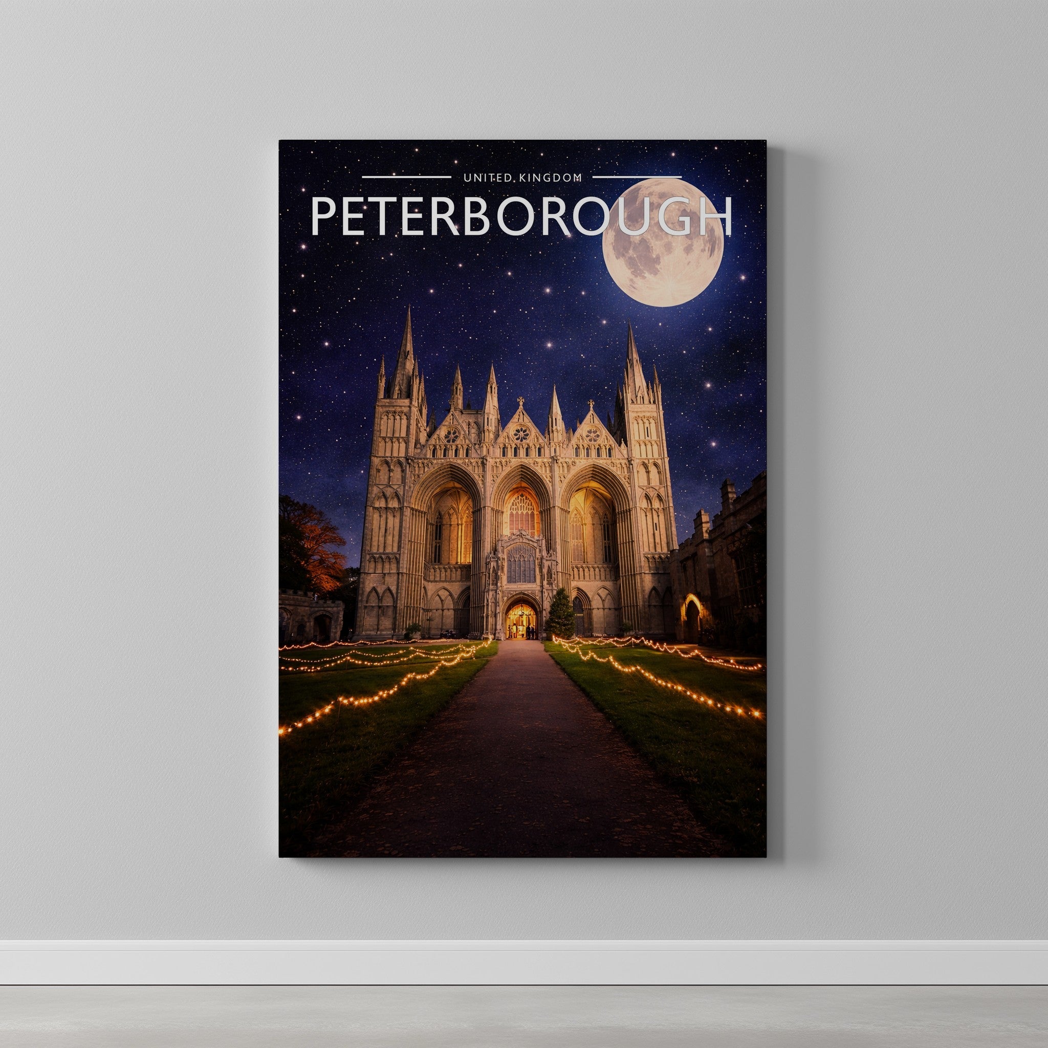 Peterborough #4 Travel Poster as a gallery-wrapped canvas on a plain wall