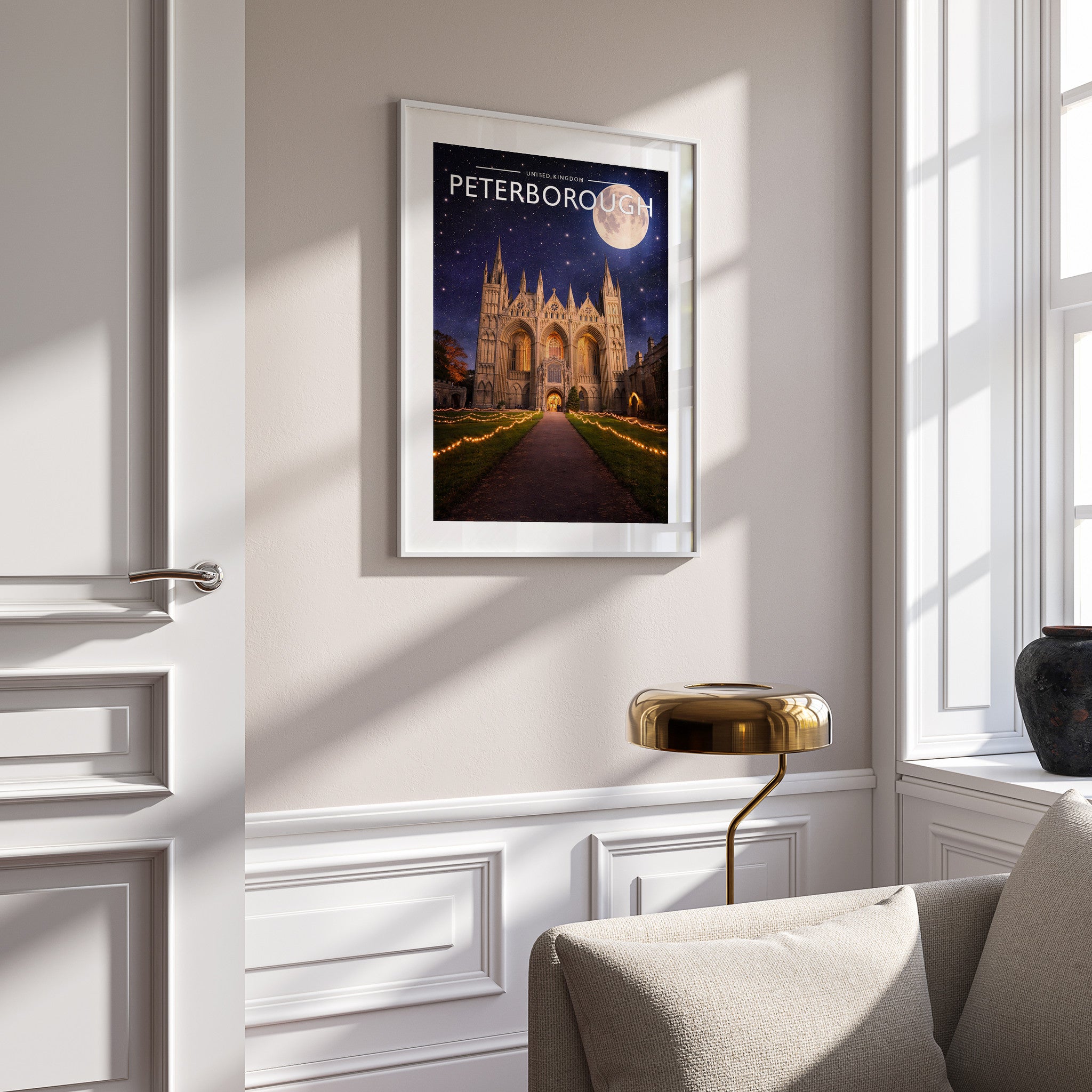 Peterborough #4 Travel Poster in a white frame on a panelled wall