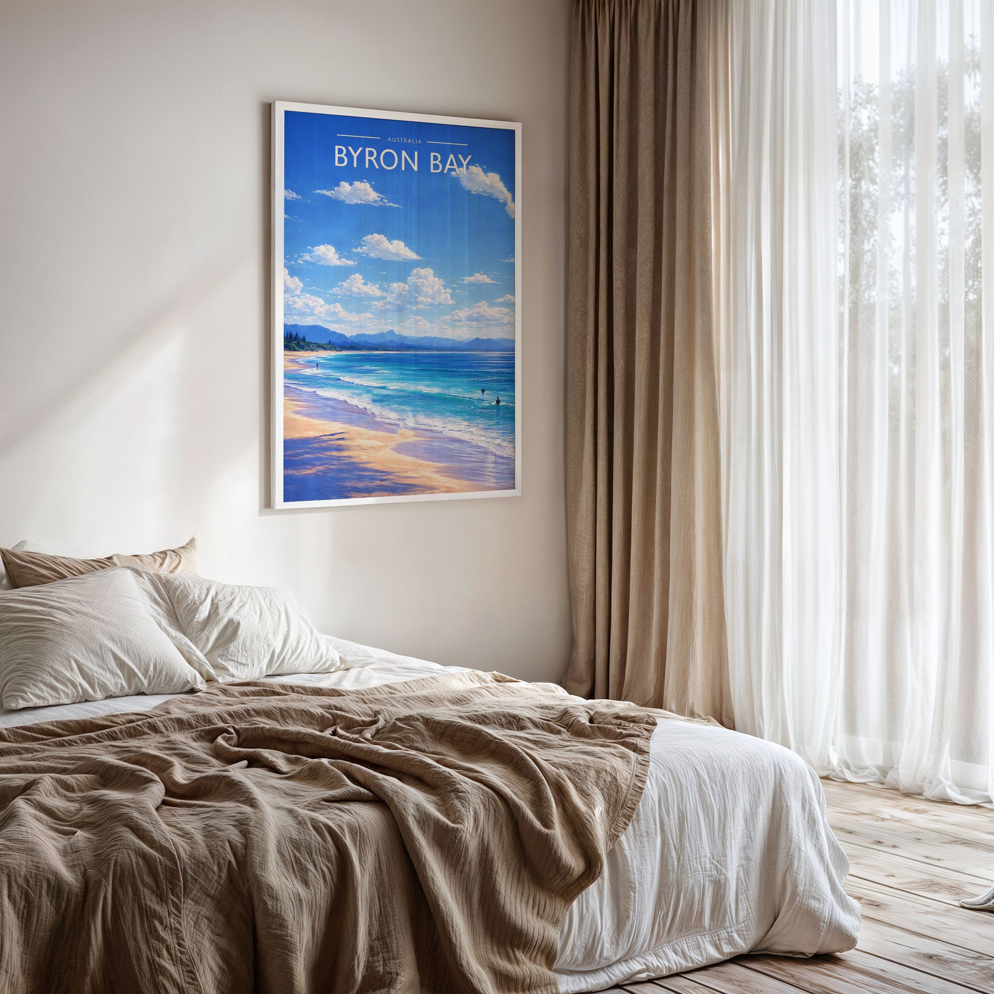Byron Bay Travel Poster framed on a bedroom wall