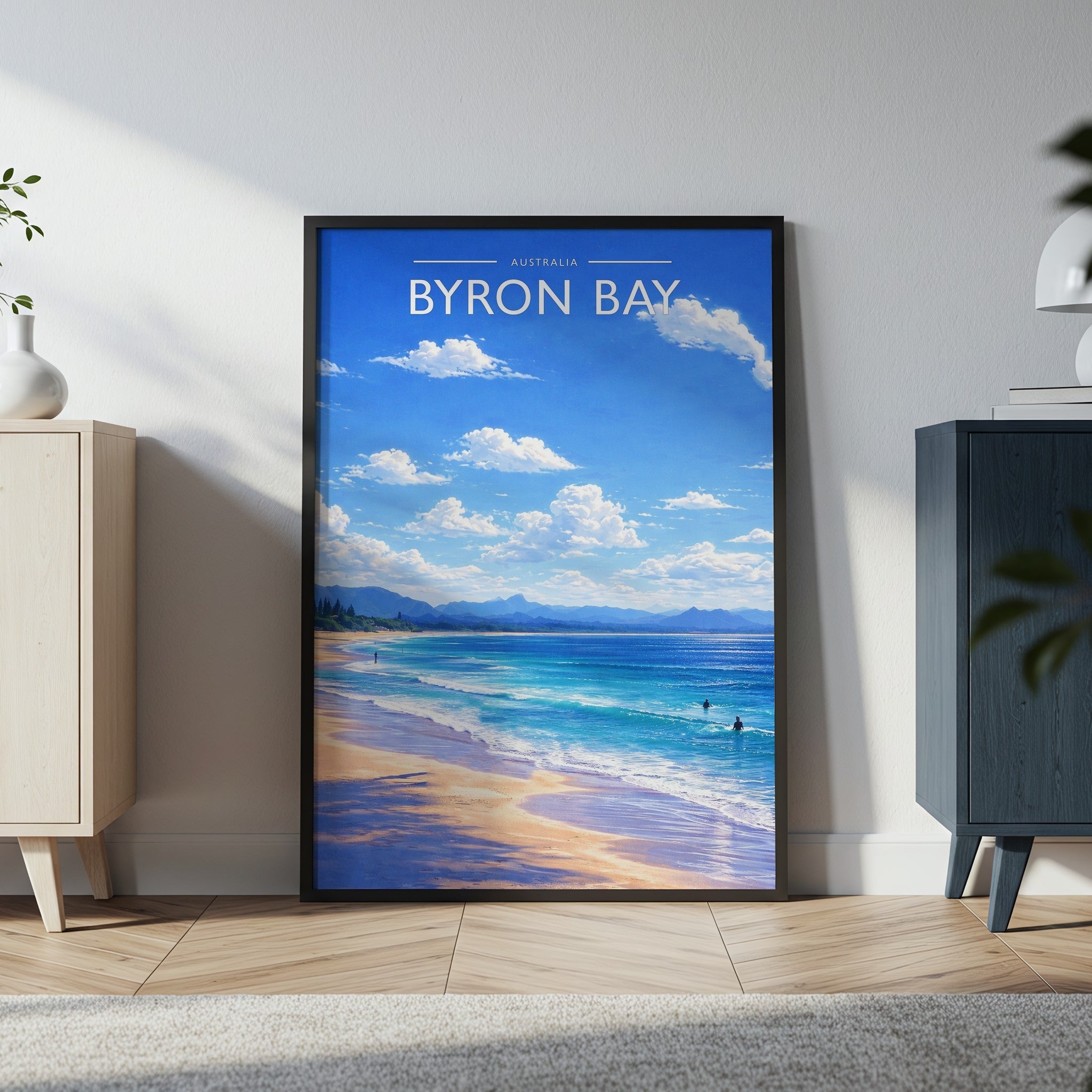 Byron Bay Travel Poster in a black frame