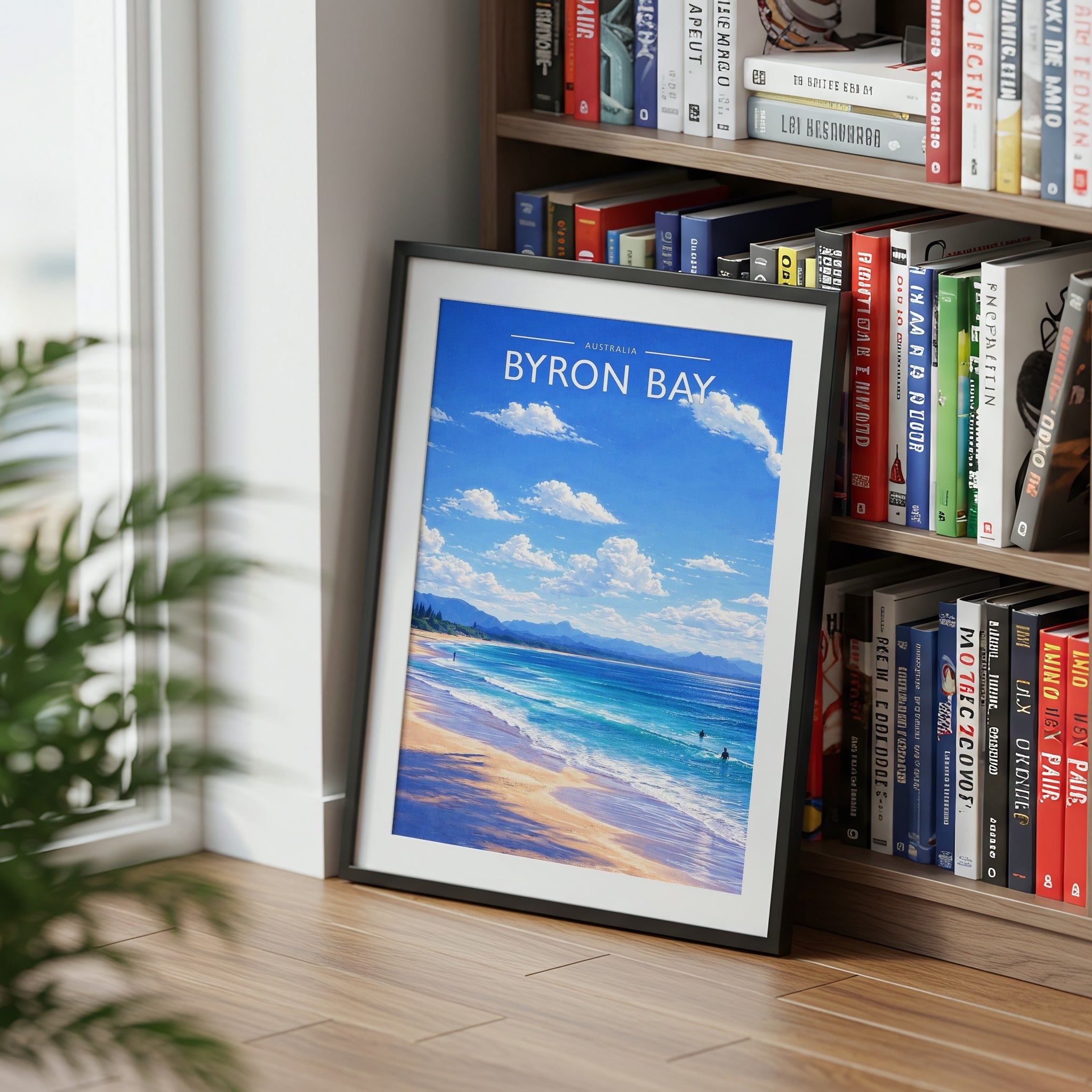 Byron Bay Travel Poster mounted in a black frame