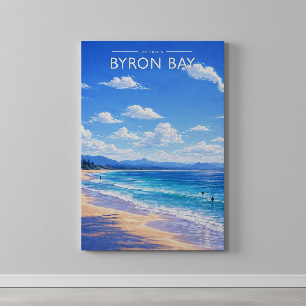 Byron Bay Travel Poster as a gallery-wrapped canvas on a plain wall