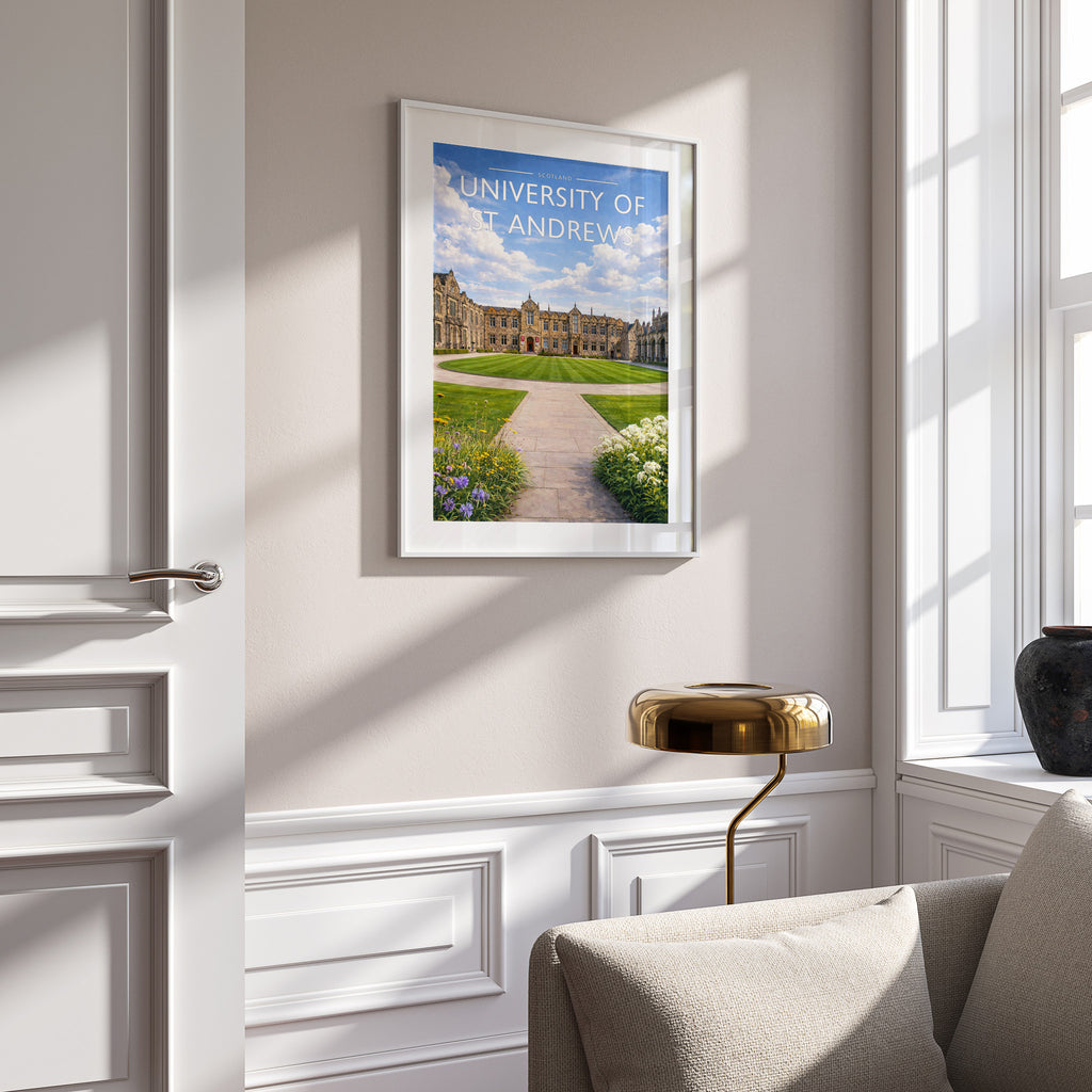 St Andrews Travel Poster in a white frame on a panelled wall