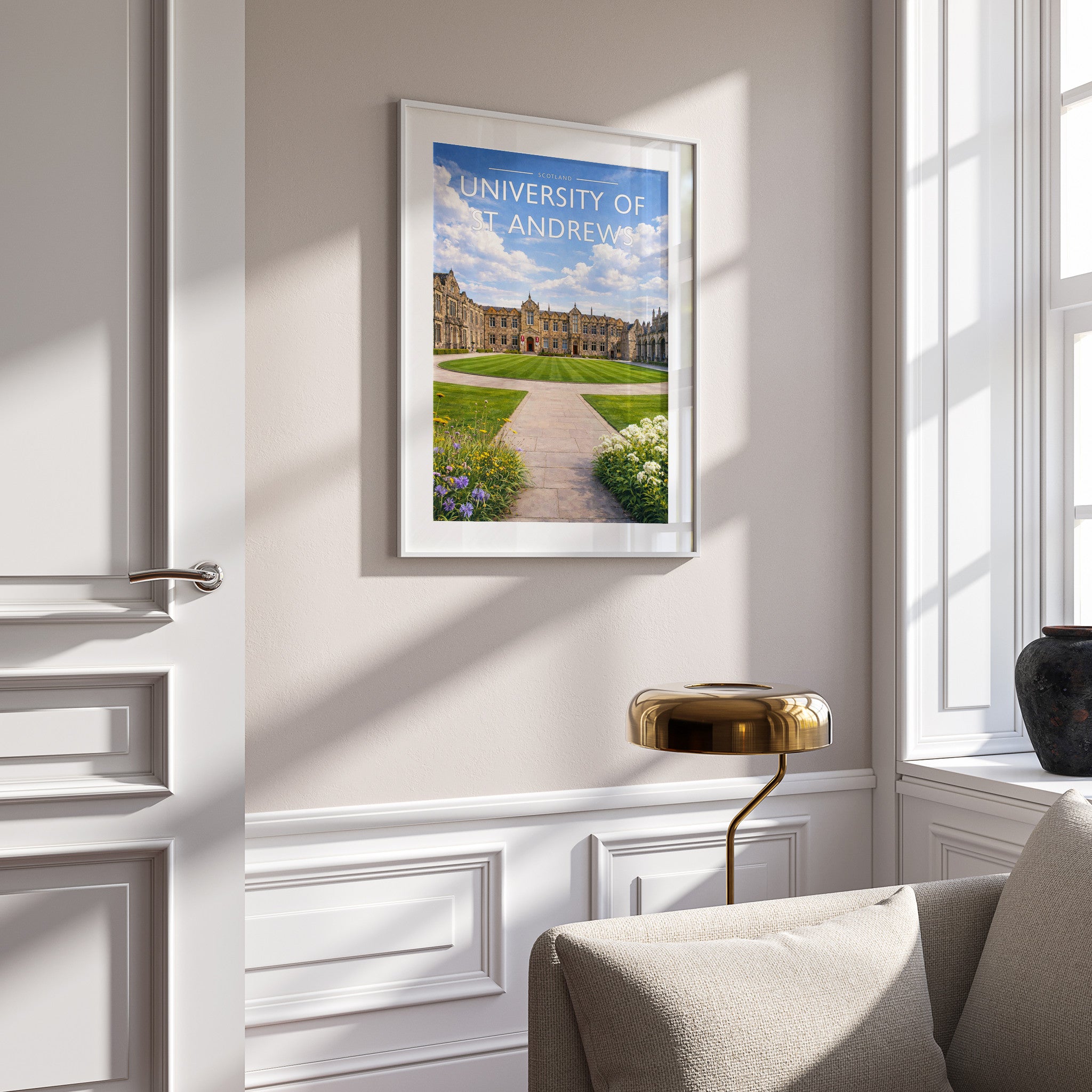 St Andrews Travel Poster in a white frame on a panelled wall