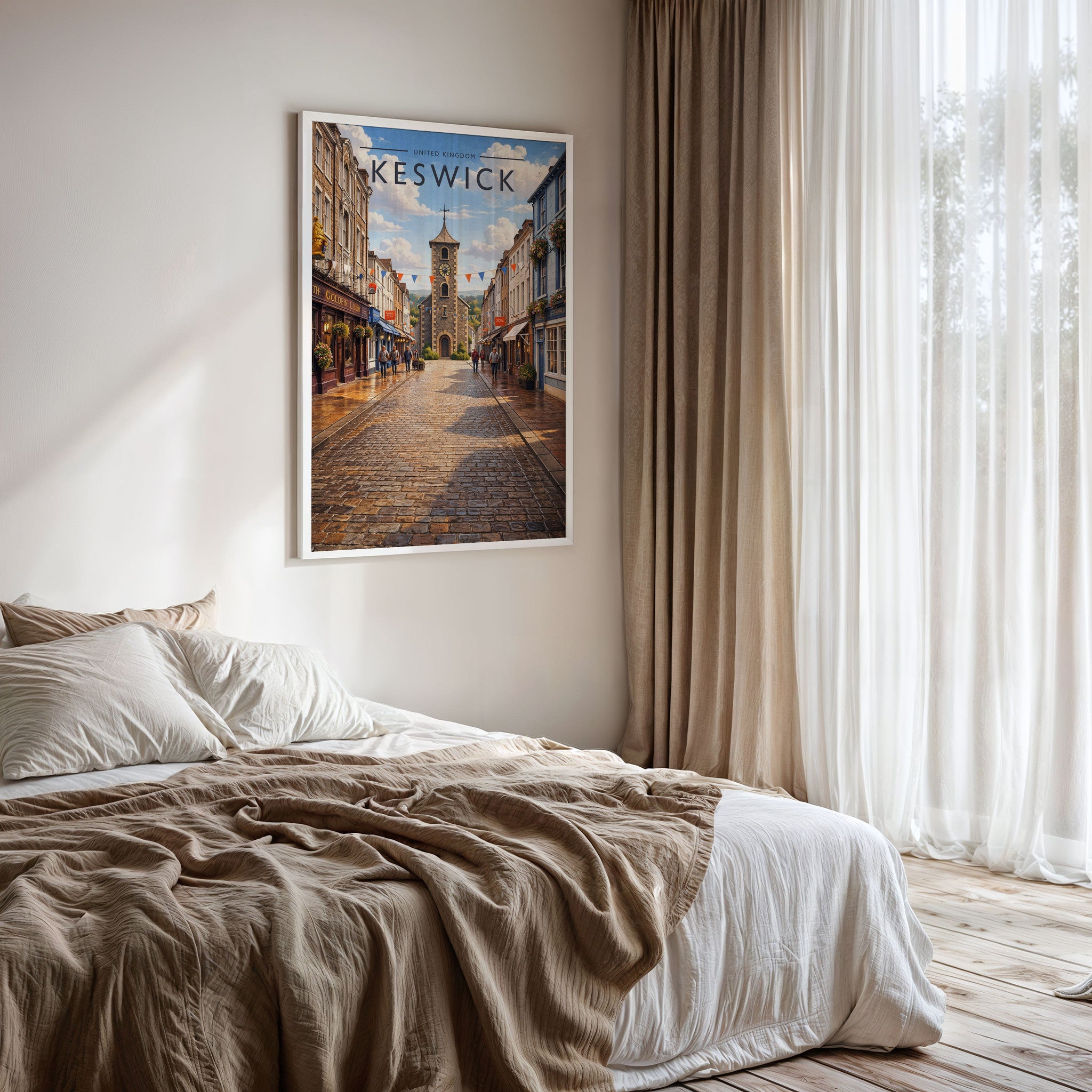 Keswick Travel Poster framed on a bedroom wall
