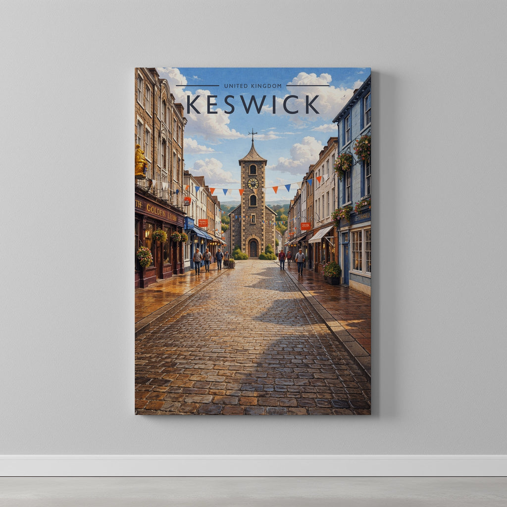 Keswick Travel Poster as a gallery-wrapped canvas on a plain wall