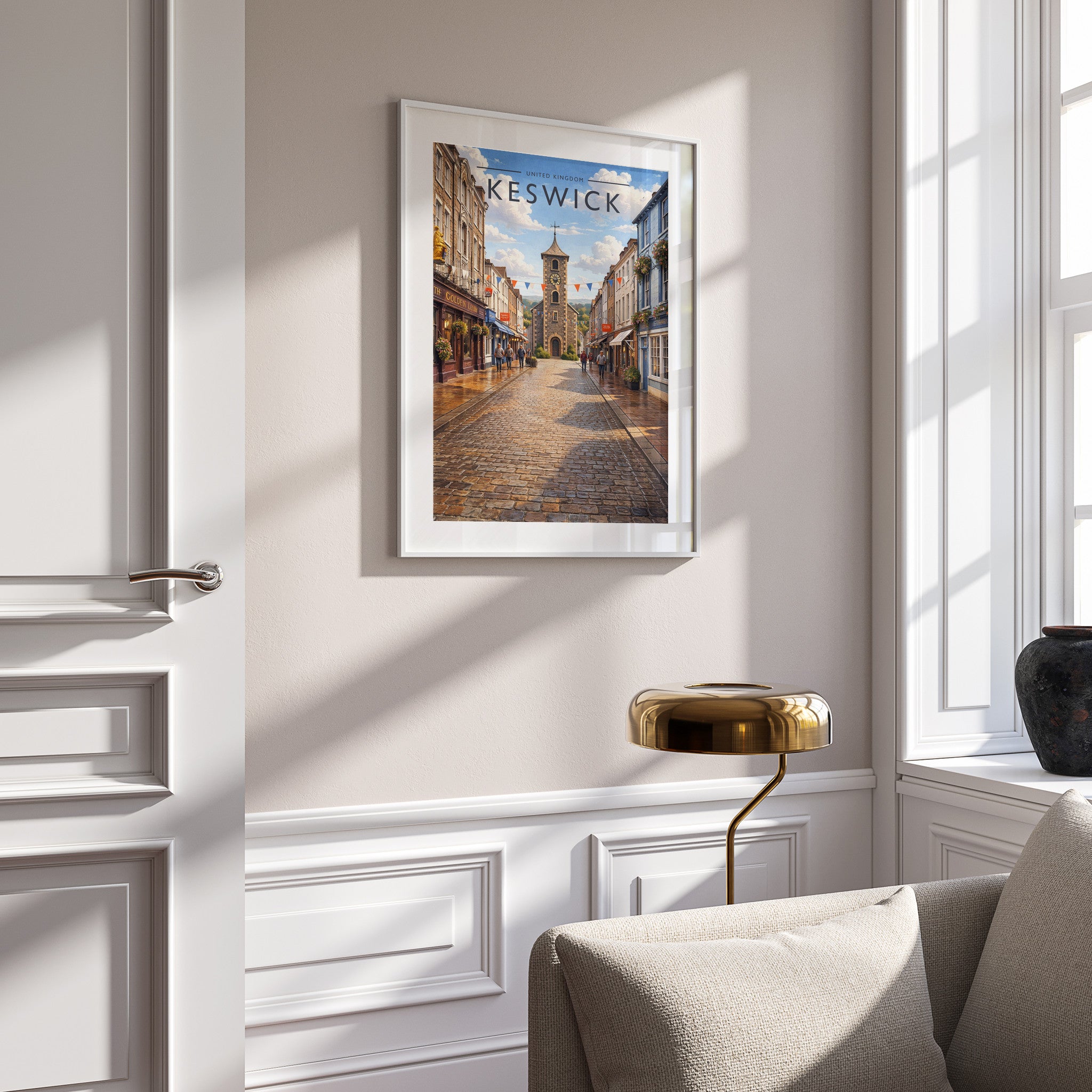 Keswick Travel Poster in a white frame on a panelled wall