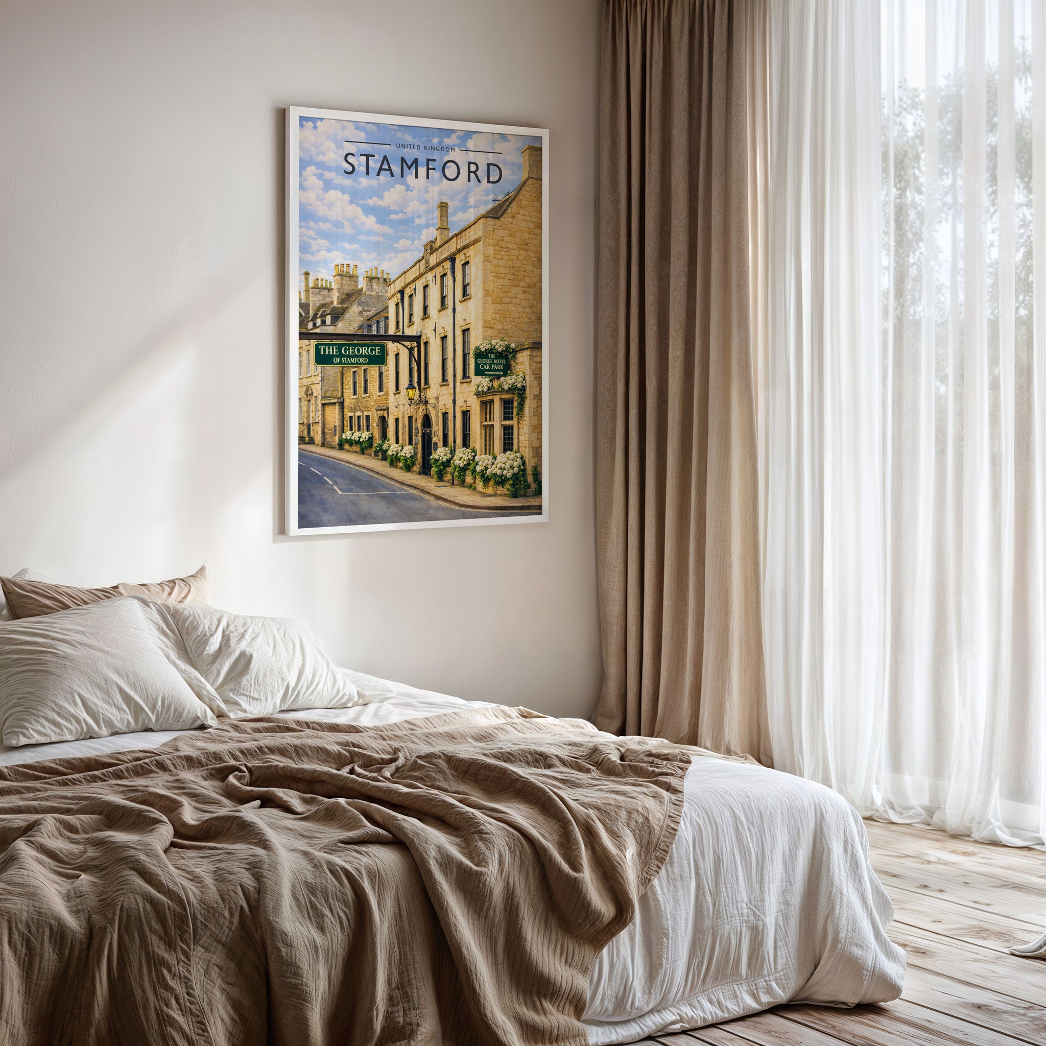 Stamford #7 Travel Poster framed on a bedroom wall