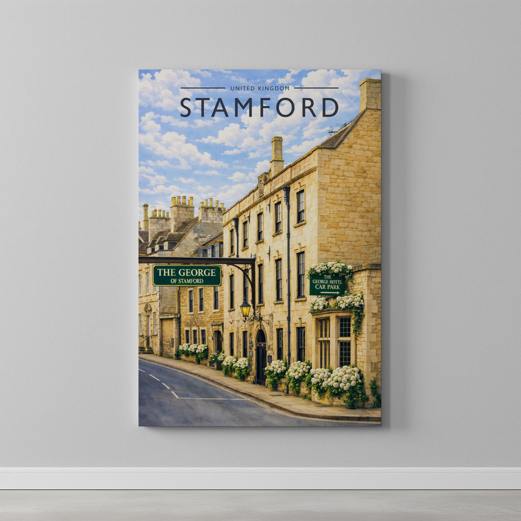 Stamford #7 Travel Poster as a gallery-wrapped canvas on a plain wall