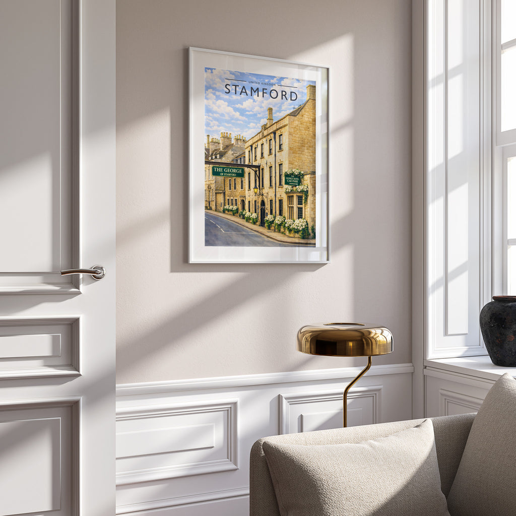 Stamford #7 Travel Poster in a white frame on a panelled wall