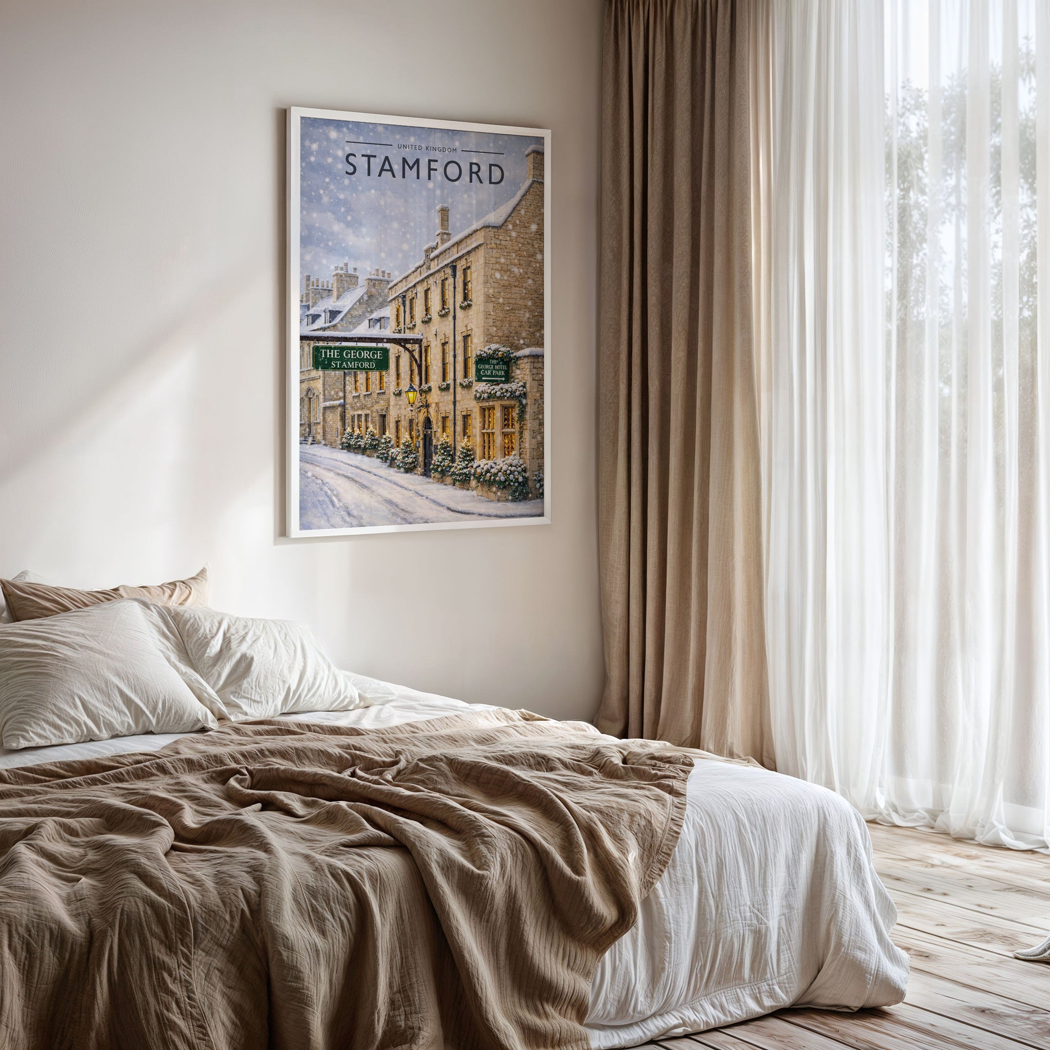 Stamford #8 Travel Poster framed on a bedroom wall