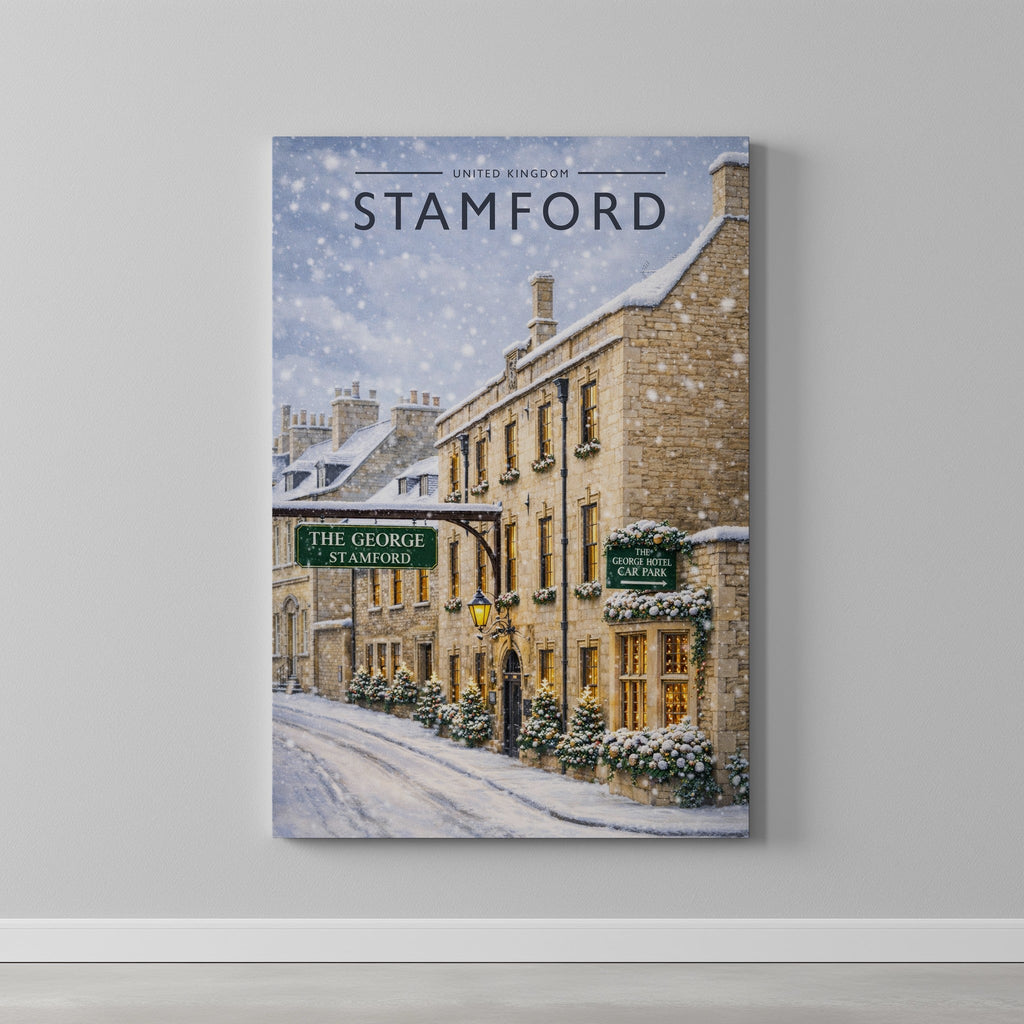 Stamford #8 Travel Poster as a gallery-wrapped canvas on a plain wall