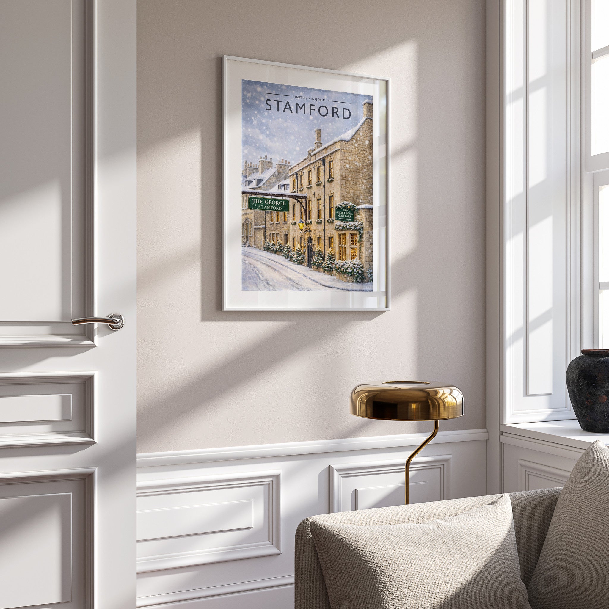 Stamford #8 Travel Poster in a white frame on a panelled wall