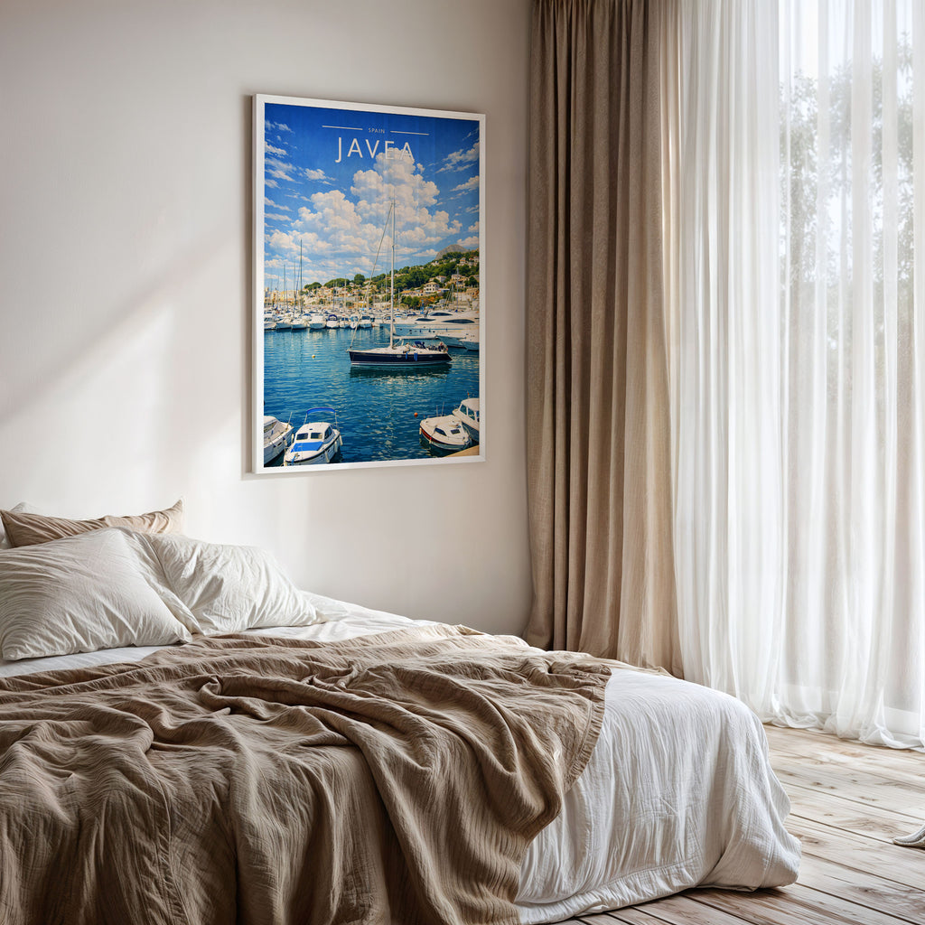 Javea #2 Travel Poster framed on a bedroom wall