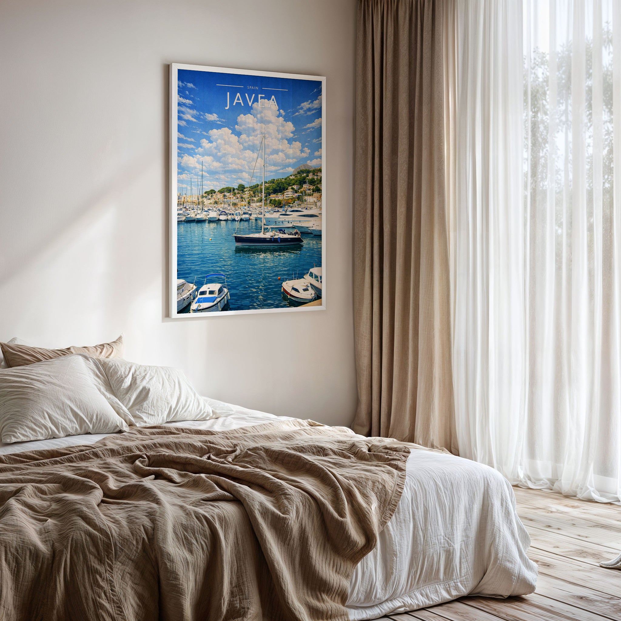 Javea #2 Travel Poster framed on a bedroom wall