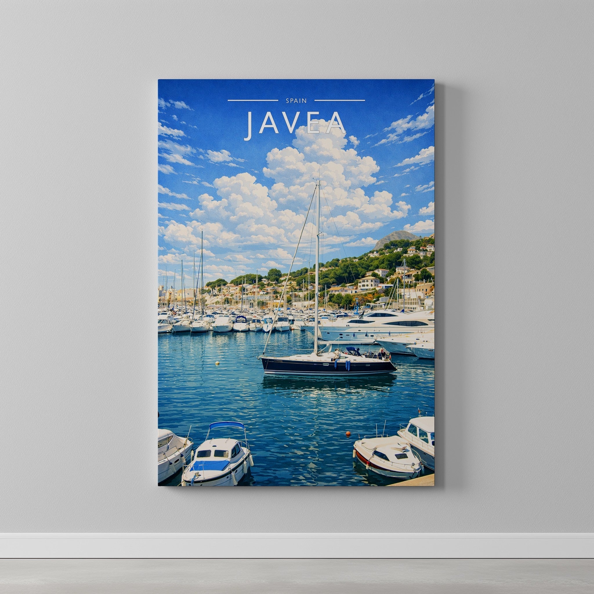 Javea #2 Travel Poster as a gallery-wrapped canvas on a plain wall