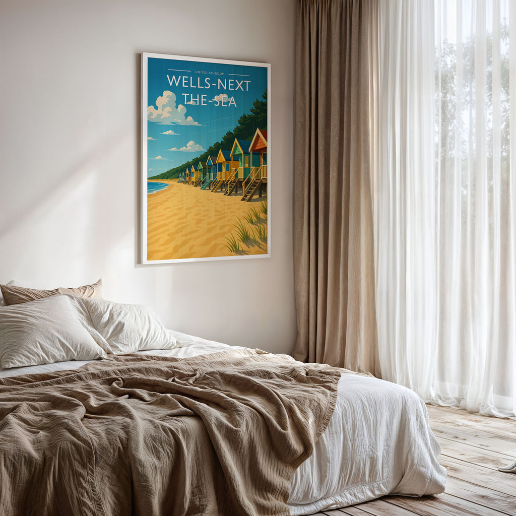 Wells-next-the-Sea Travel Poster framed on a bedroom wall