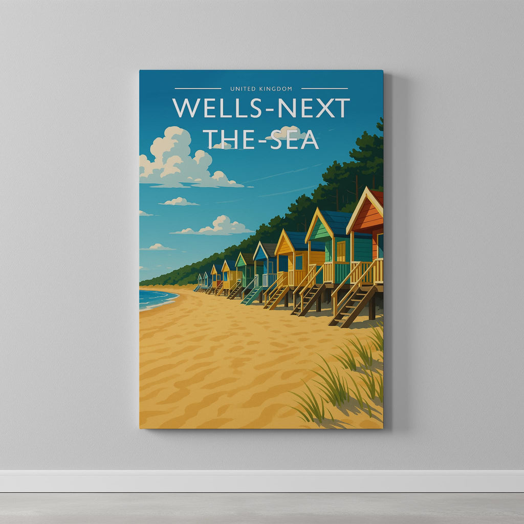 Wells-next-the-Sea Travel Poster as a gallery-wrapped canvas on a plain wall