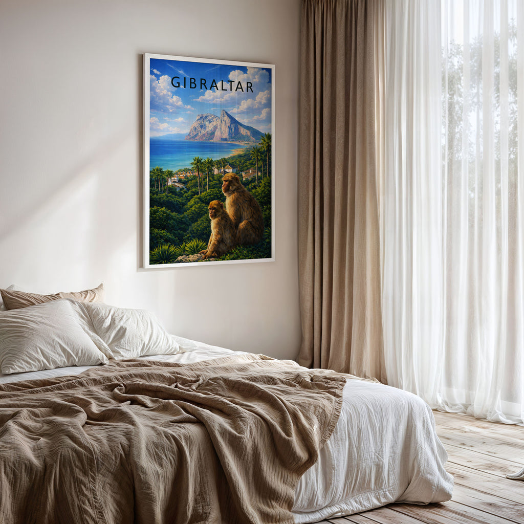 Gibraltar Travel Poster framed on a bedroom wall
