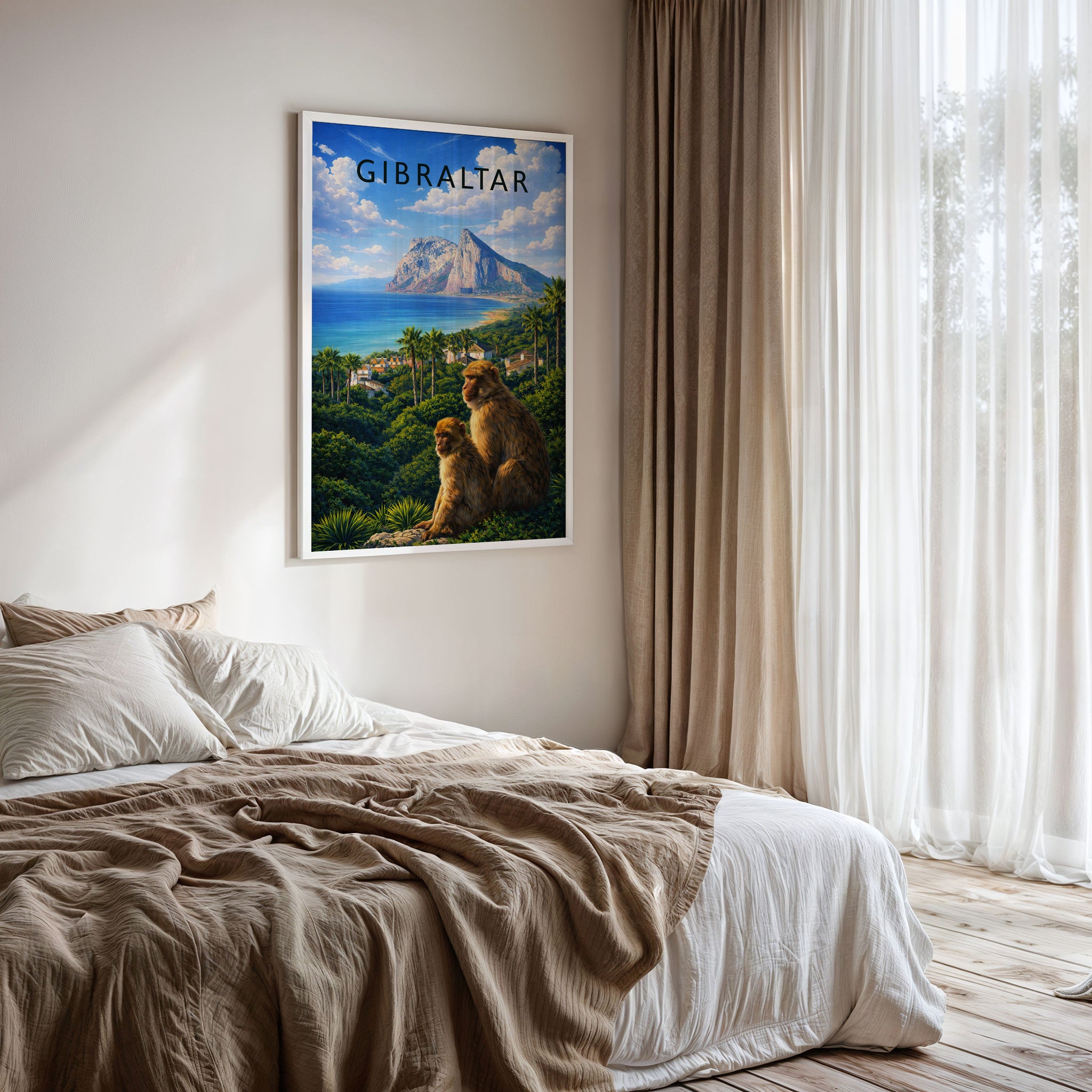 Gibraltar Travel Poster framed on a bedroom wall