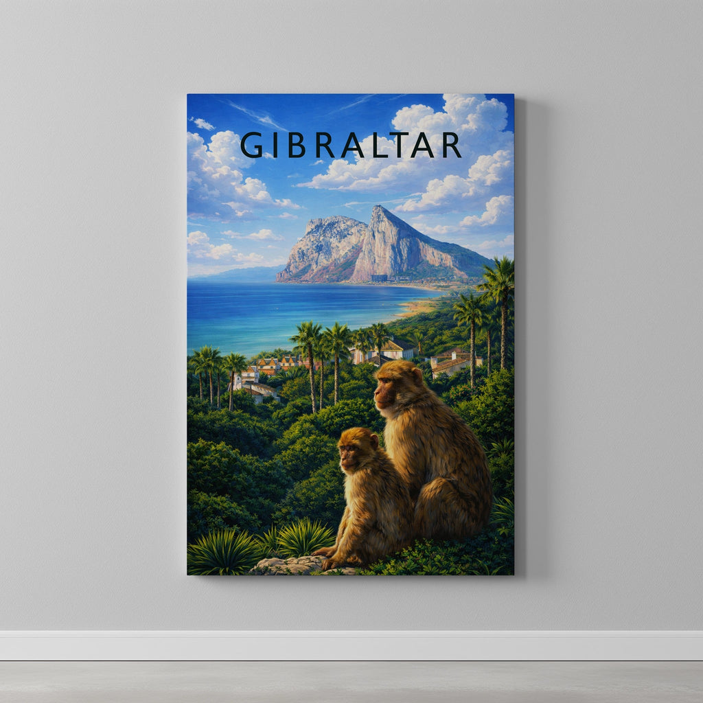 Gibraltar Travel Poster as a gallery-wrapped canvas on a plain wall