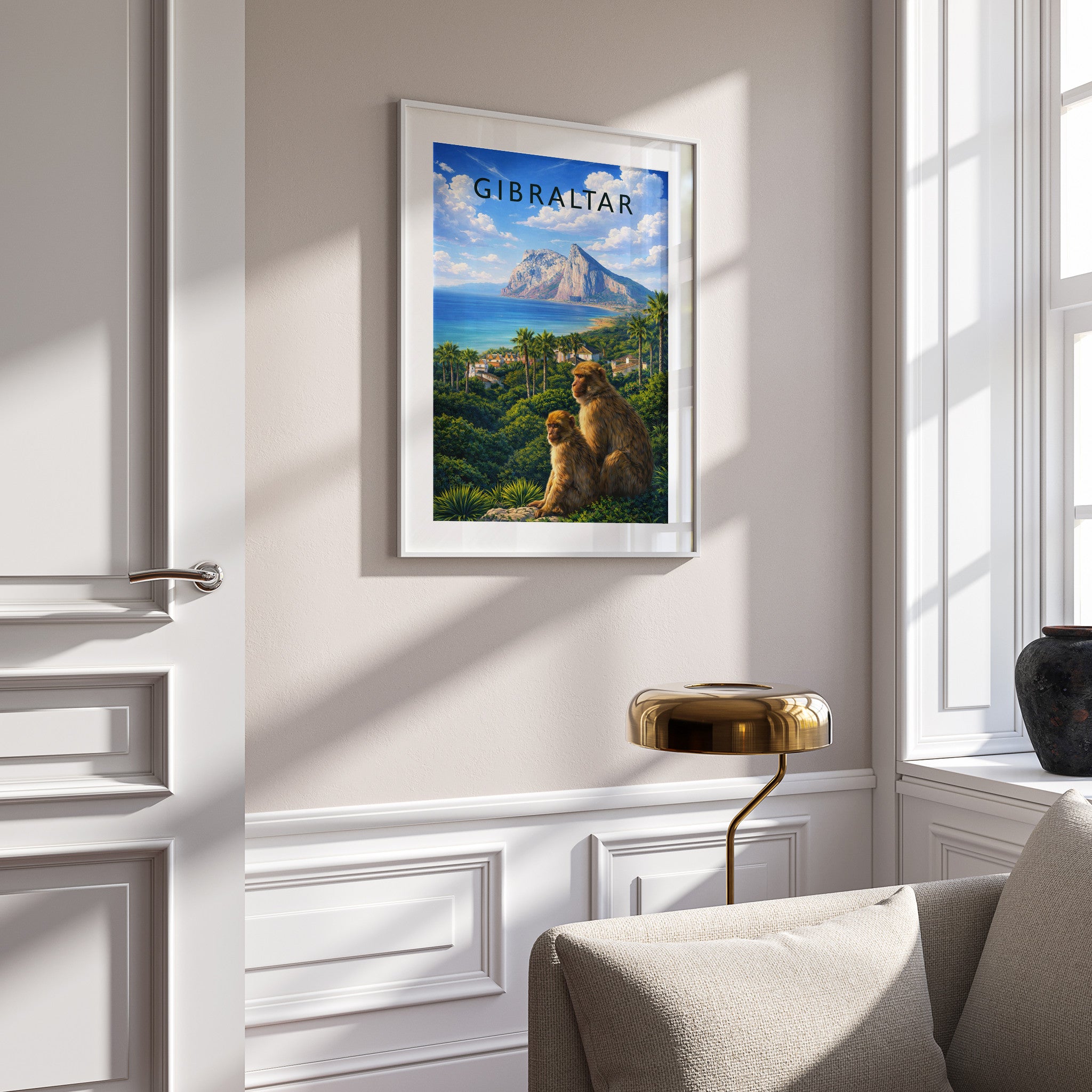 Gibraltar Travel Poster in a white frame on a panelled wall