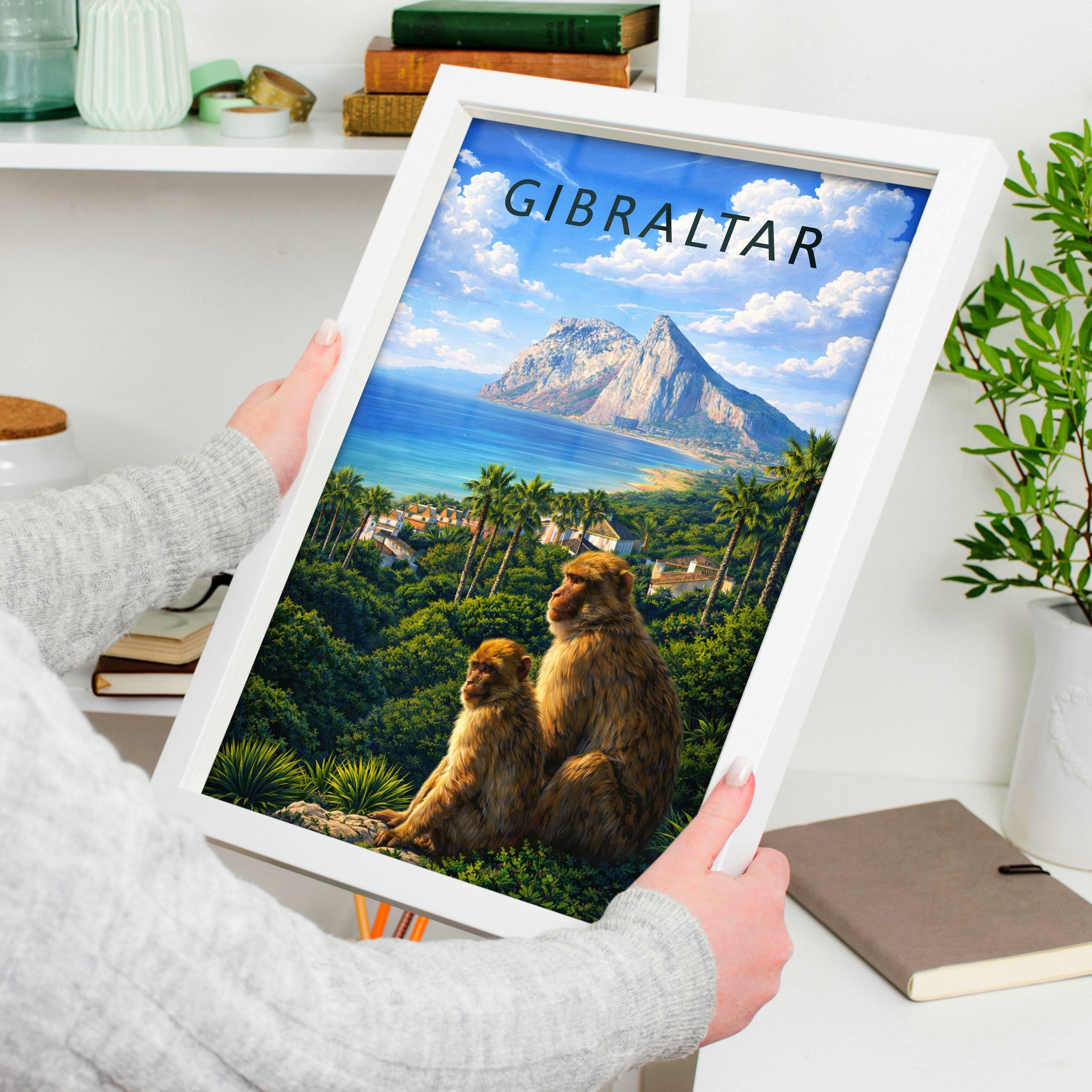 Gibraltar Travel Poster in a white frame, held to show scale