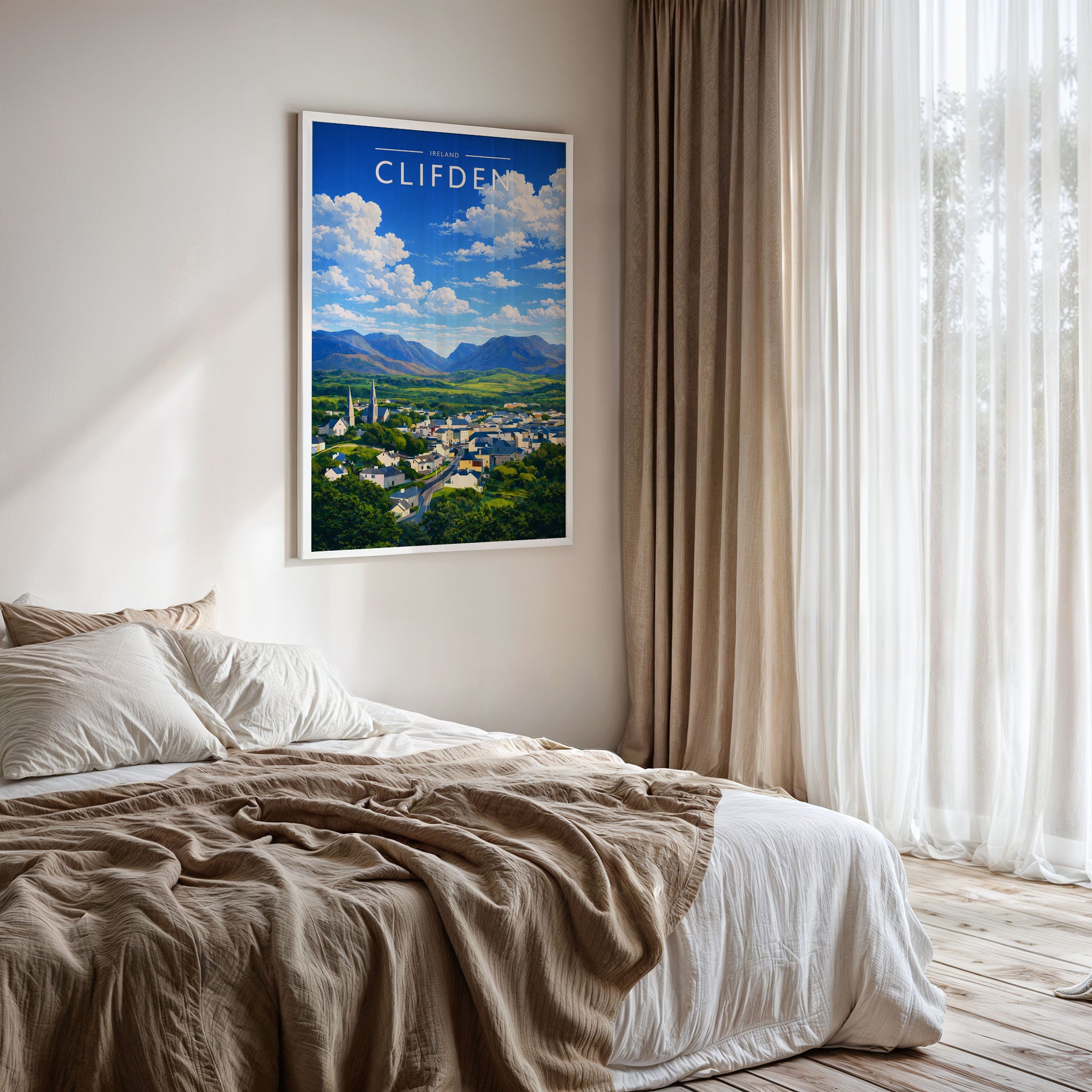 Clifden Travel Poster framed on a bedroom wall