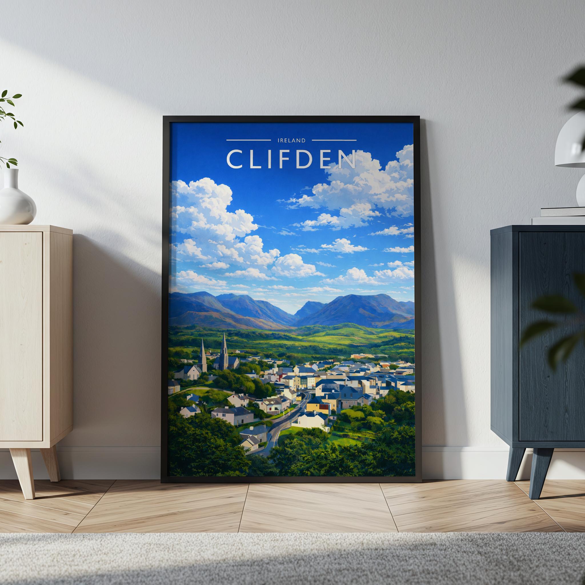 Clifden Travel Poster in a black frame