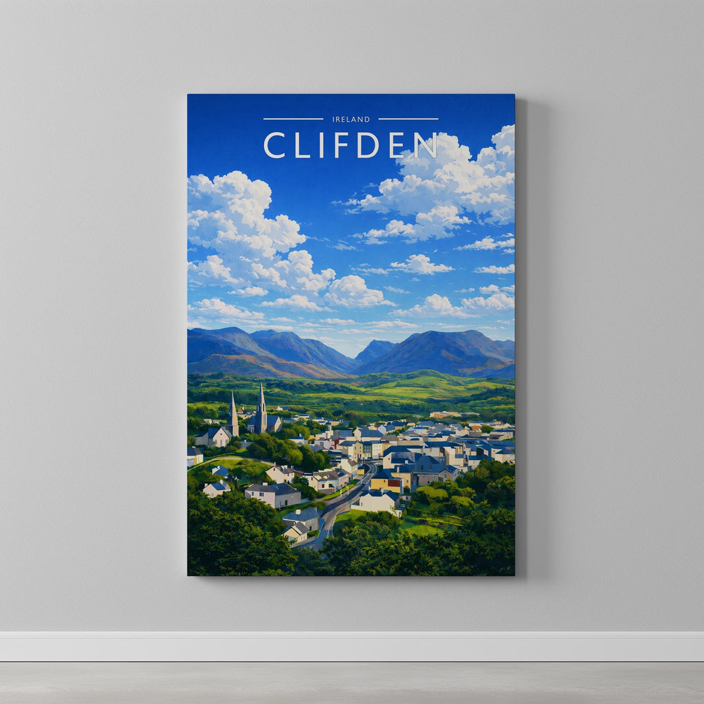Clifden Travel Poster as a gallery-wrapped canvas on a plain wall