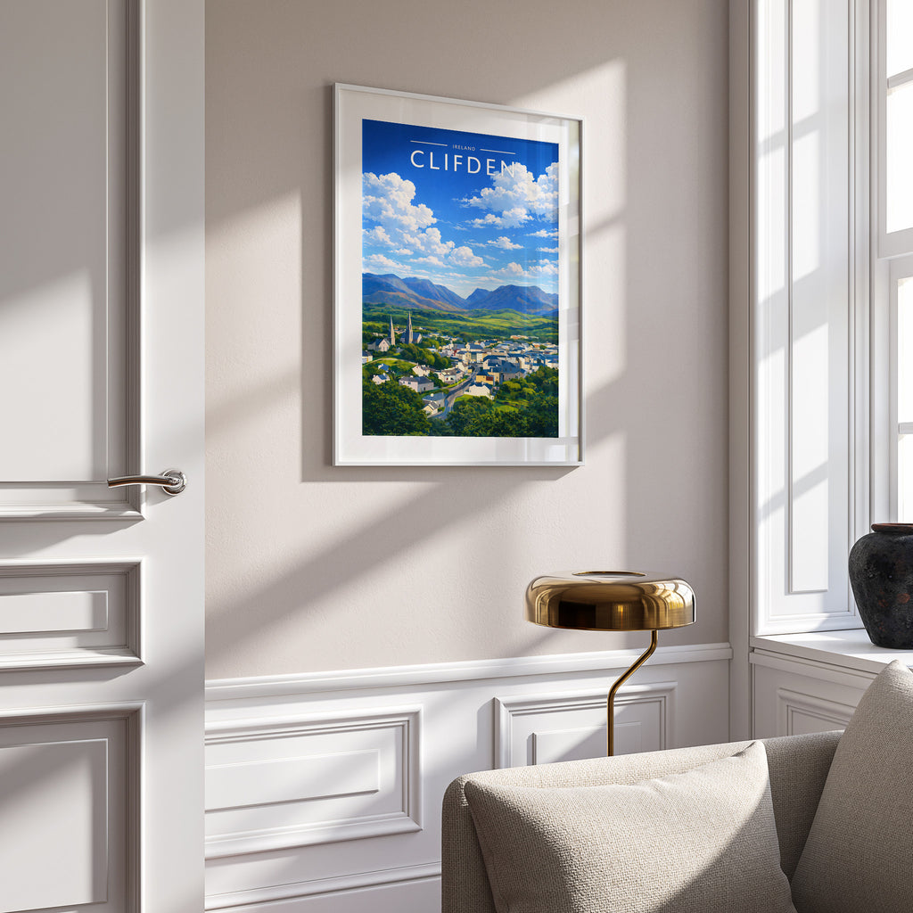 Clifden Travel Poster in a white frame on a panelled wall