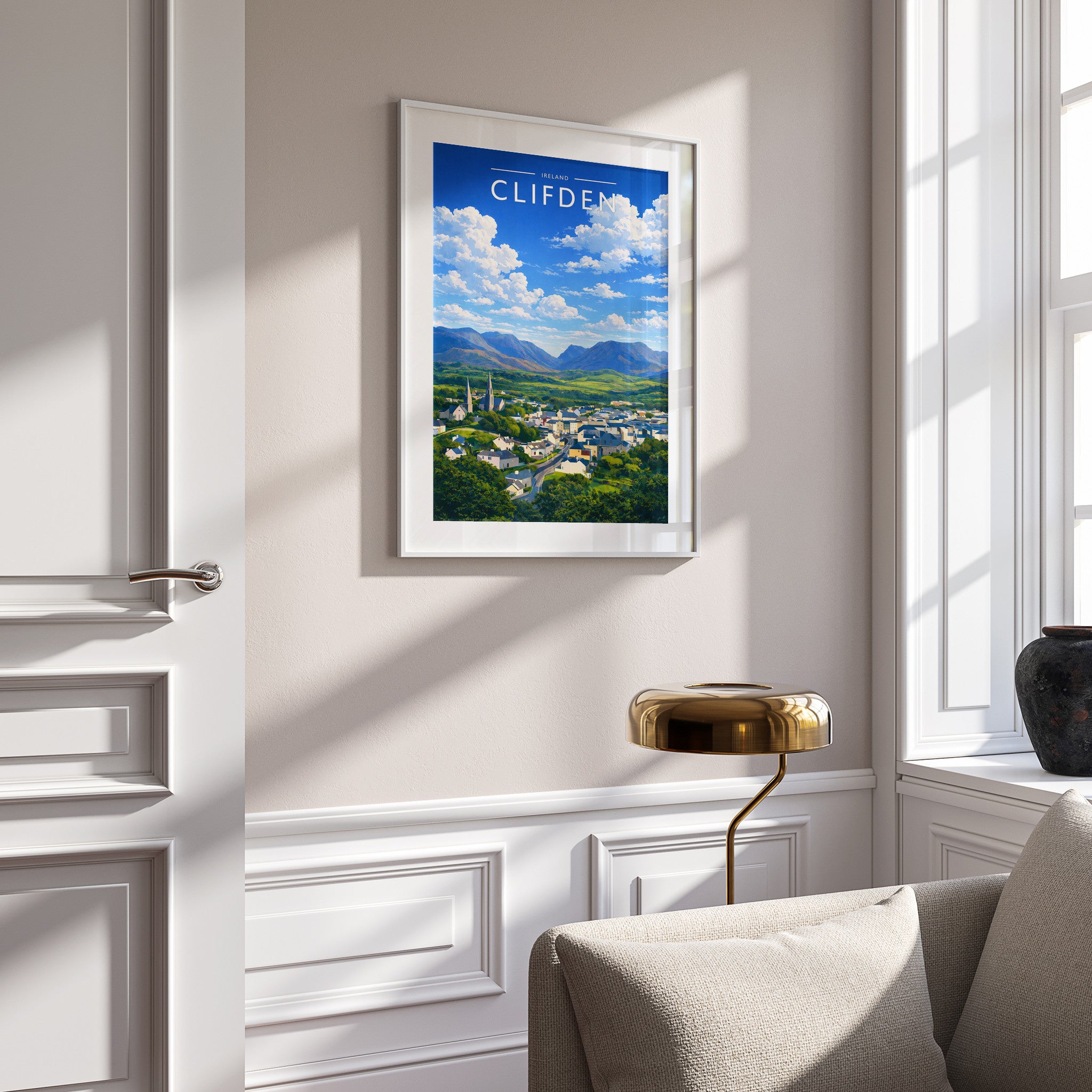 Clifden Travel Poster in a white frame on a panelled wall