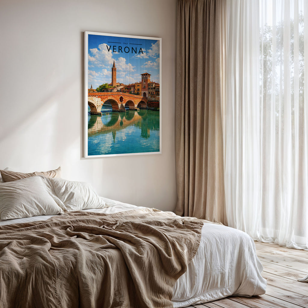 Verona Travel Poster framed on a bedroom wall