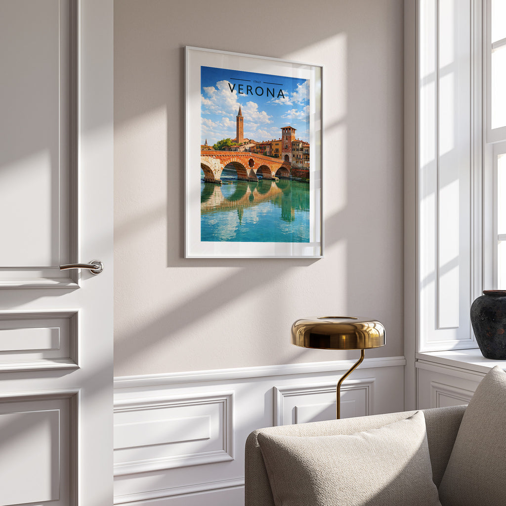 Verona Travel Poster in a white frame on a panelled wall