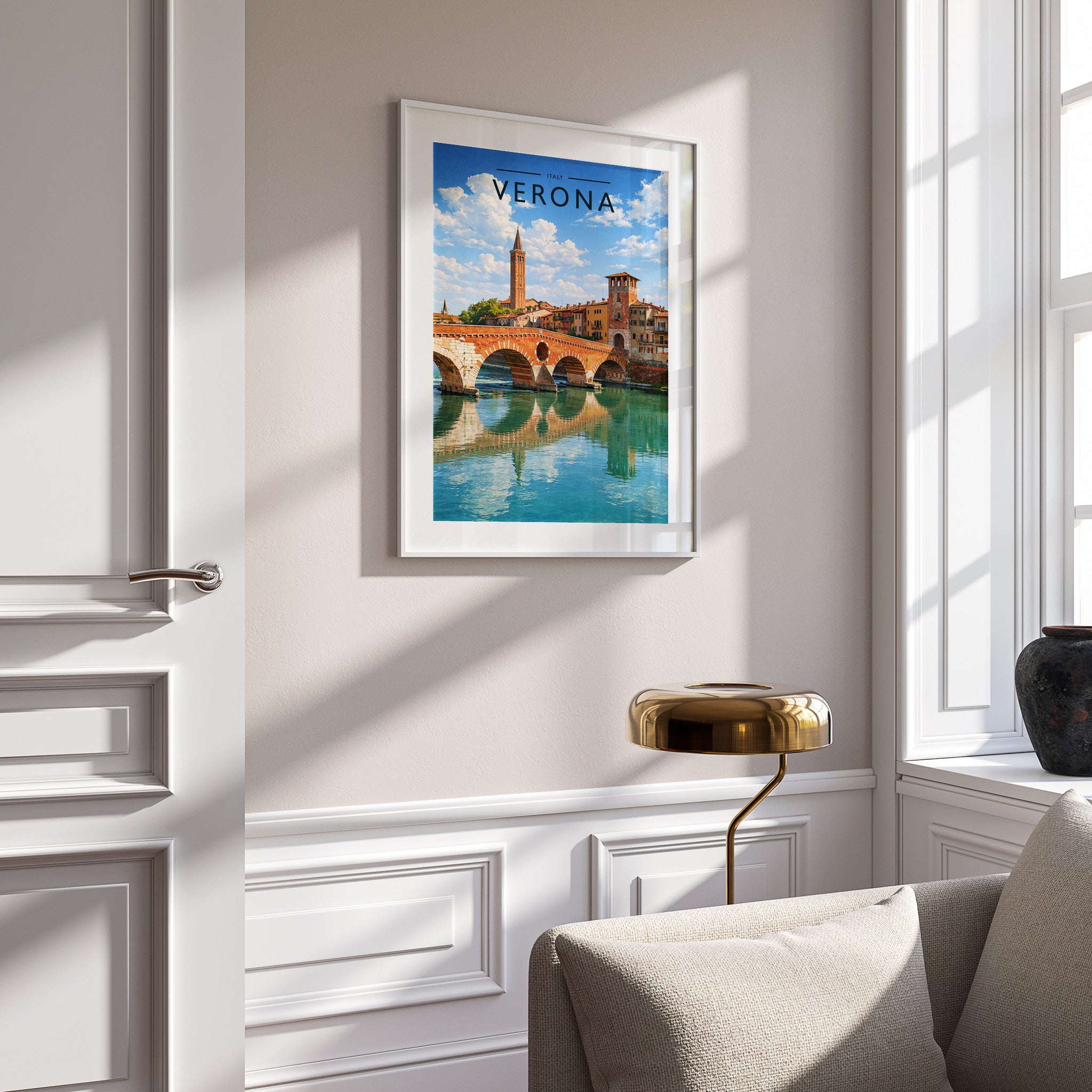 Verona Travel Poster in a white frame on a panelled wall