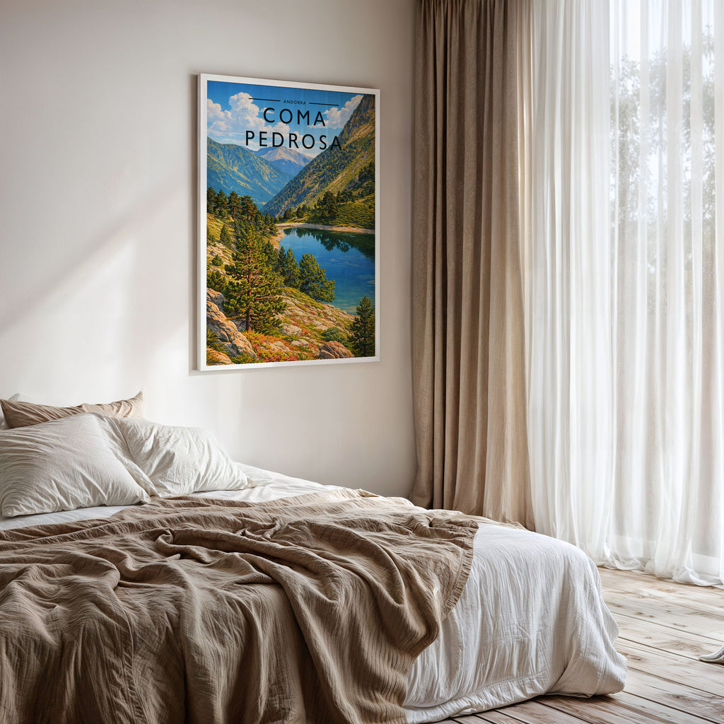 Coma Pedrosa Travel Poster framed on a bedroom wall