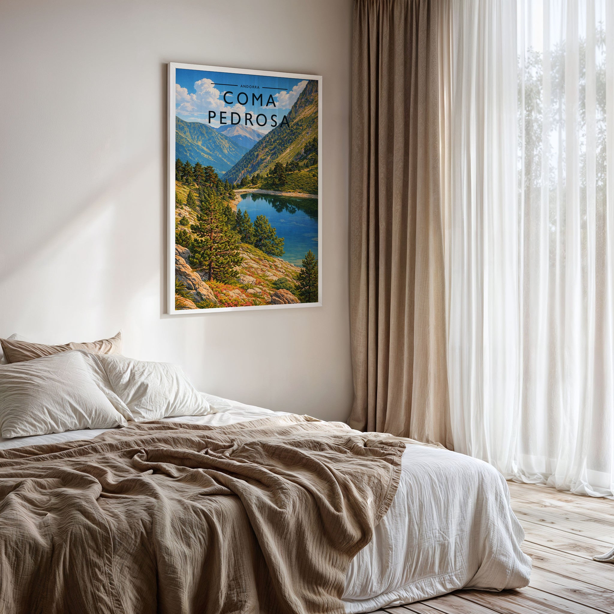 Coma Pedrosa Travel Poster framed on a bedroom wall