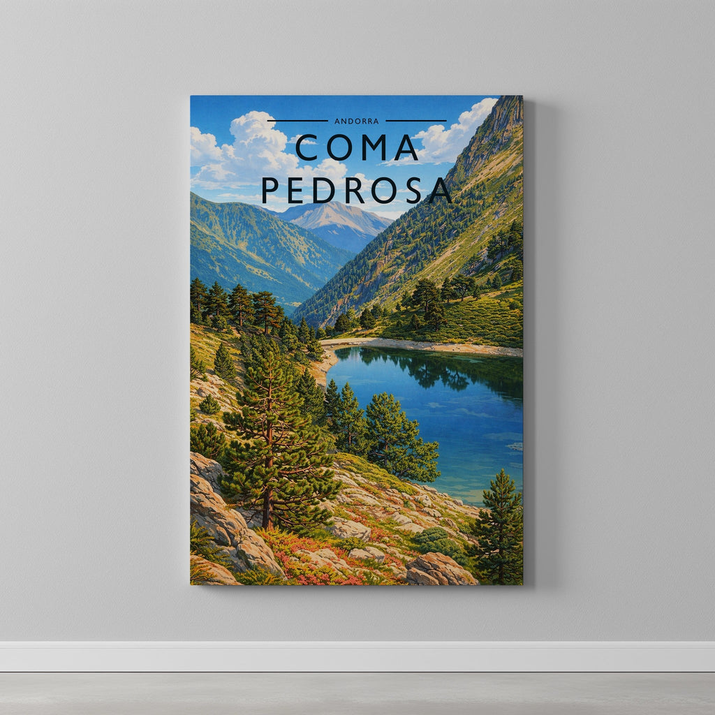Coma Pedrosa Travel Poster as a gallery-wrapped canvas on a plain wall