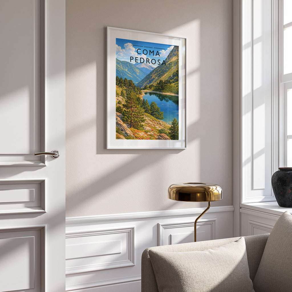 Coma Pedrosa Travel Poster in a white frame on a panelled wall