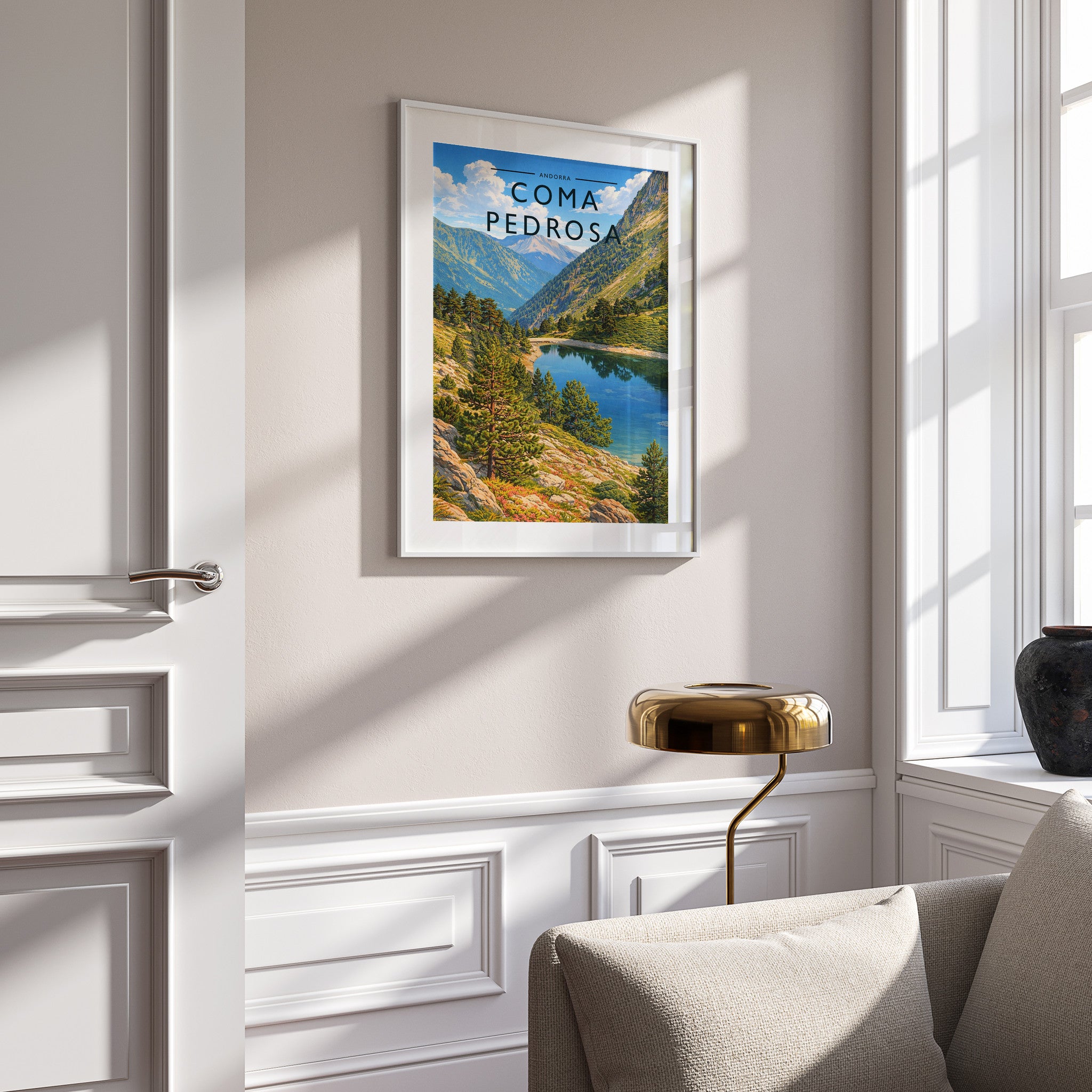 Coma Pedrosa Travel Poster in a white frame on a panelled wall