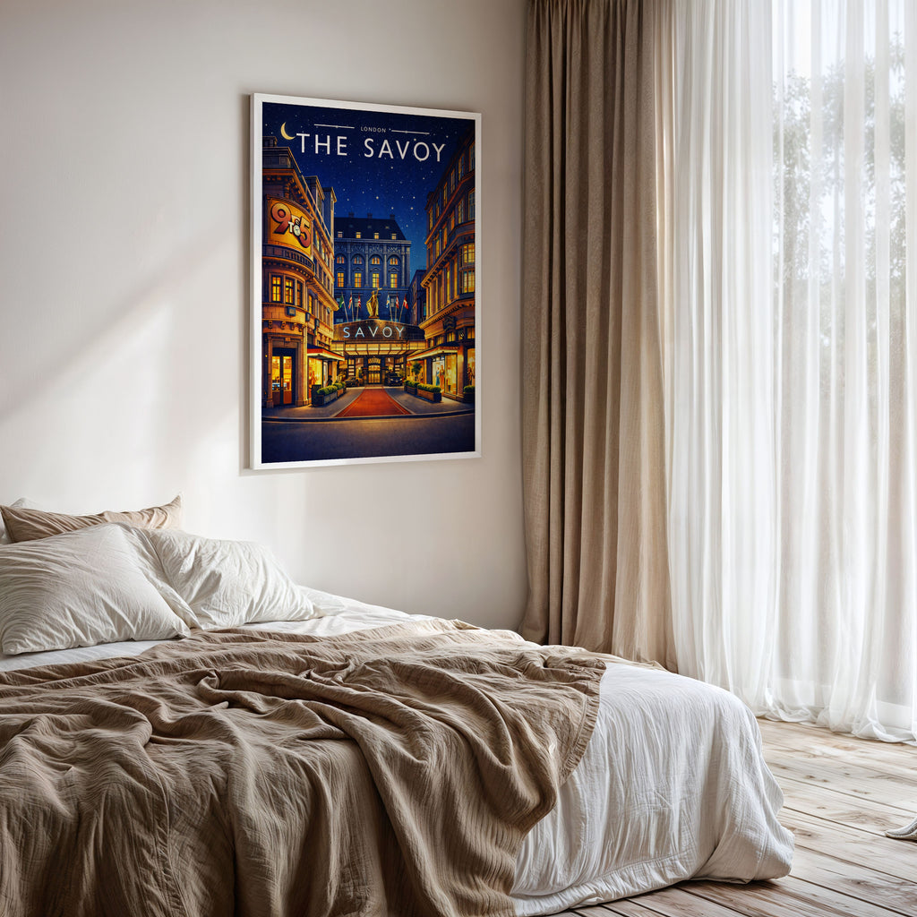 London #3 Travel Poster framed on a bedroom wall