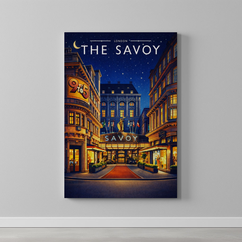 London #3 Travel Poster as a gallery-wrapped canvas on a plain wall