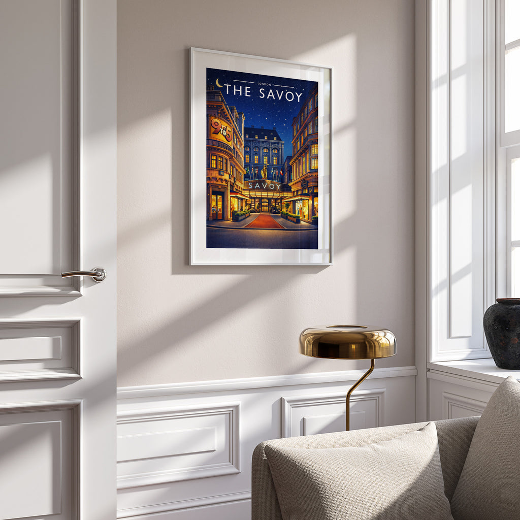 London #3 Travel Poster in a white frame on a panelled wall