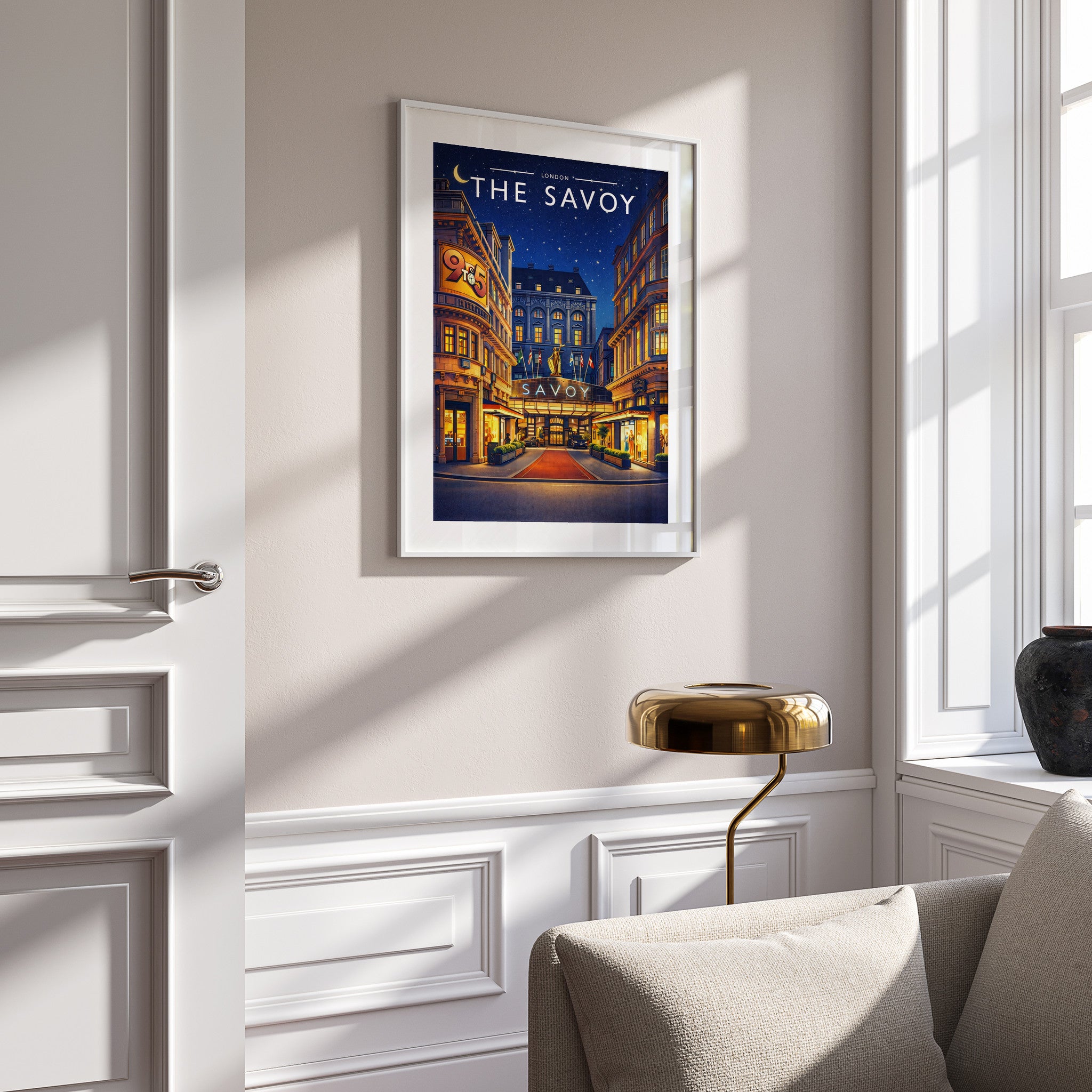 London #3 Travel Poster in a white frame on a panelled wall