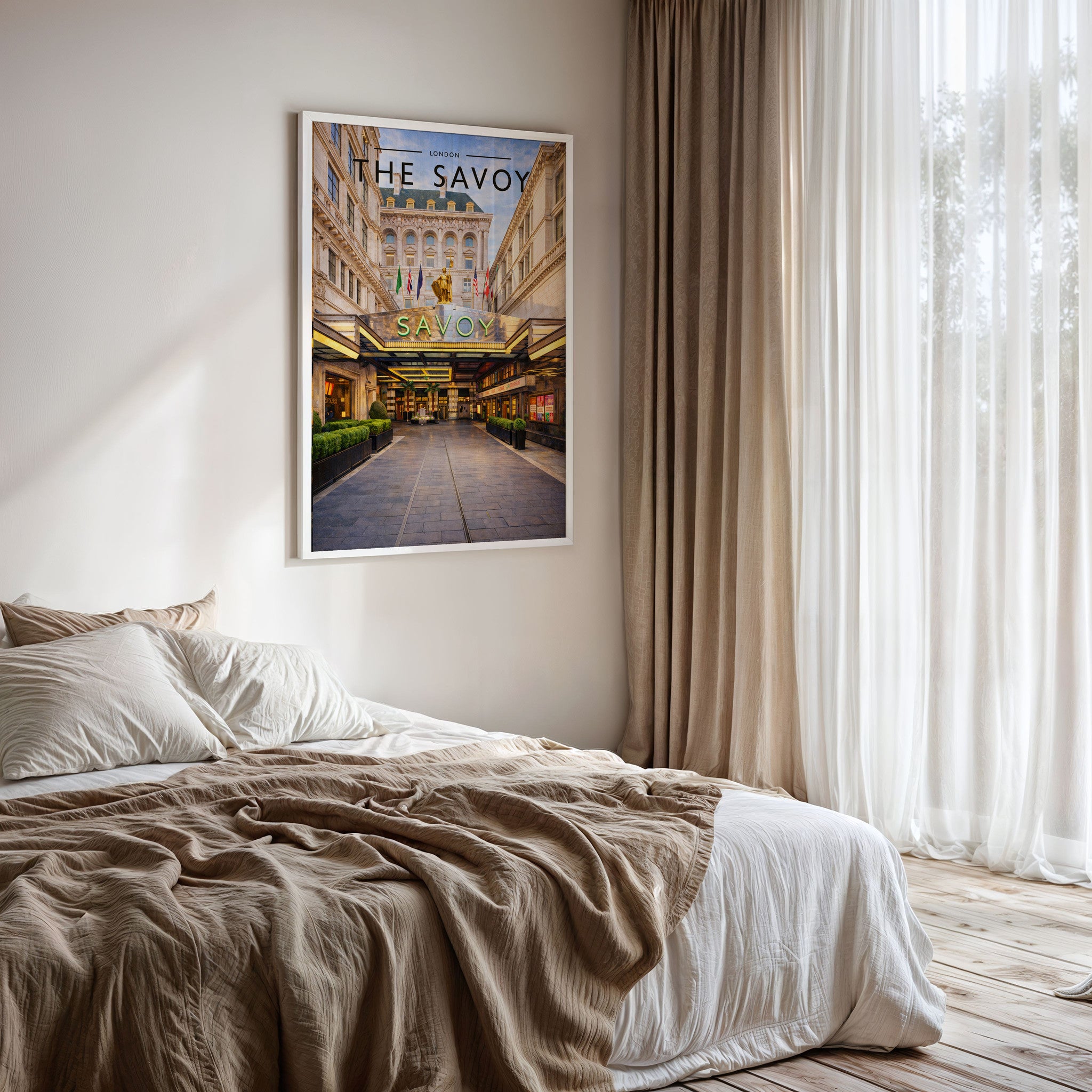 London #4 Travel Poster framed on a bedroom wall