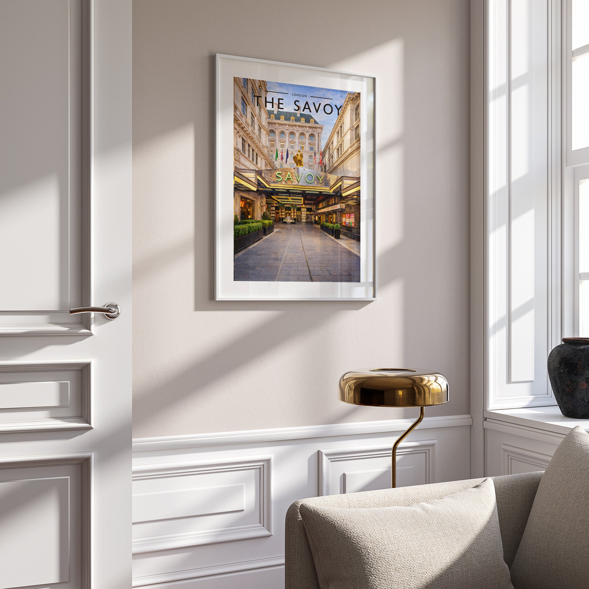 London #4 Travel Poster in a white frame on a panelled wall