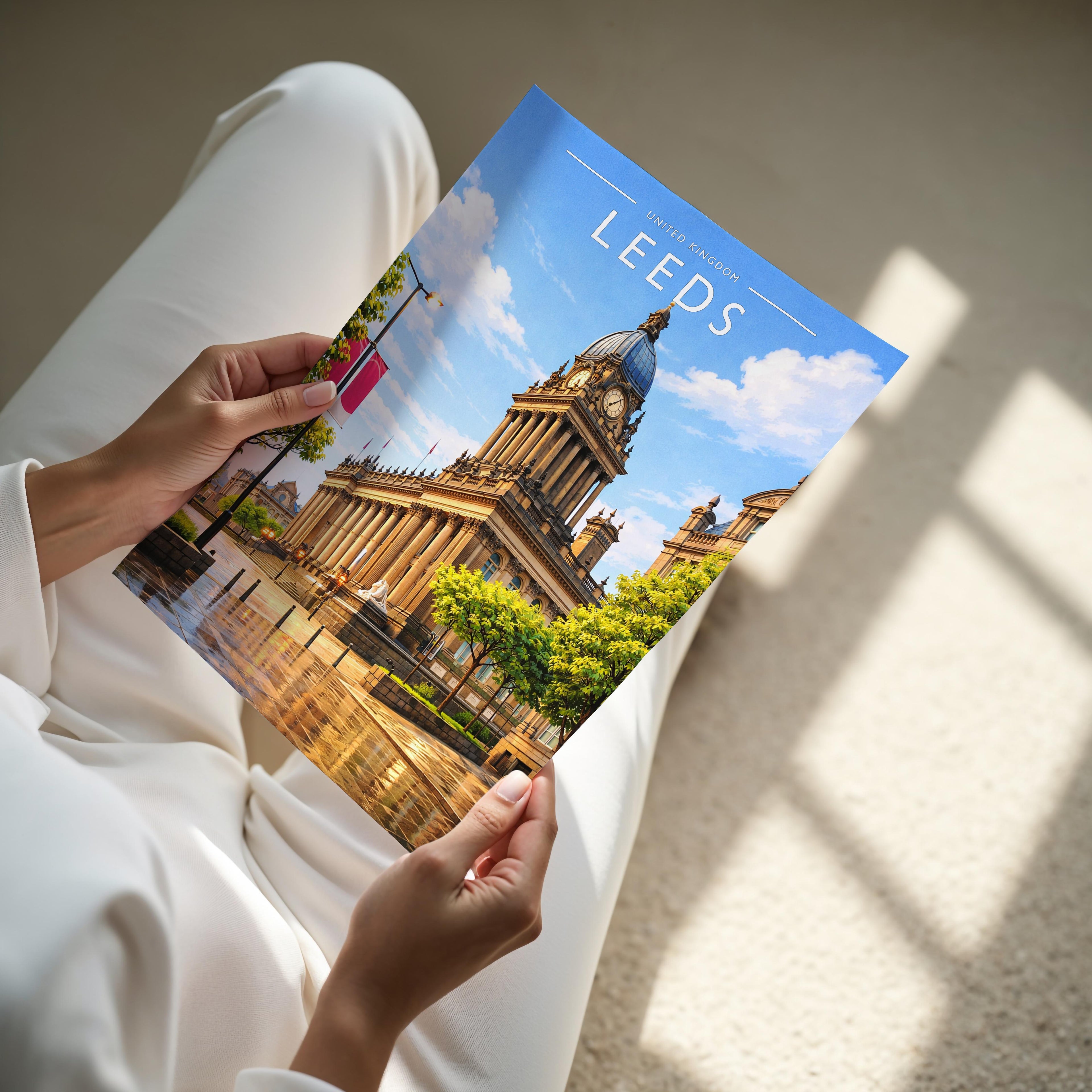 Leeds Travel Poster - A4 print held in hand